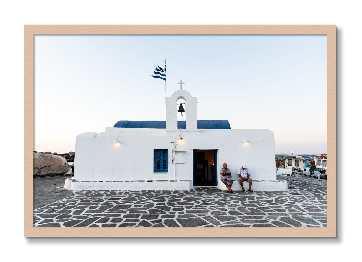 Framed photograph of Greek Boathouse by Dylan Ozanich, Maple frame, Full Bleed