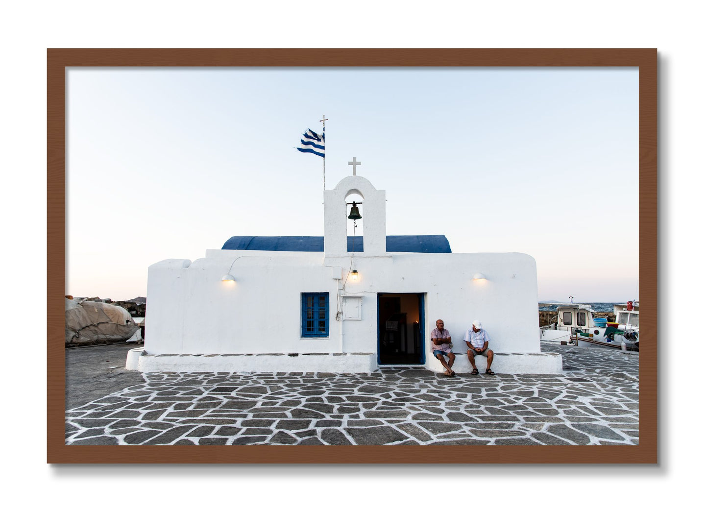 Framed photograph of Greek Boathouse by Dylan Ozanich, Walnut frame, Full Bleed
