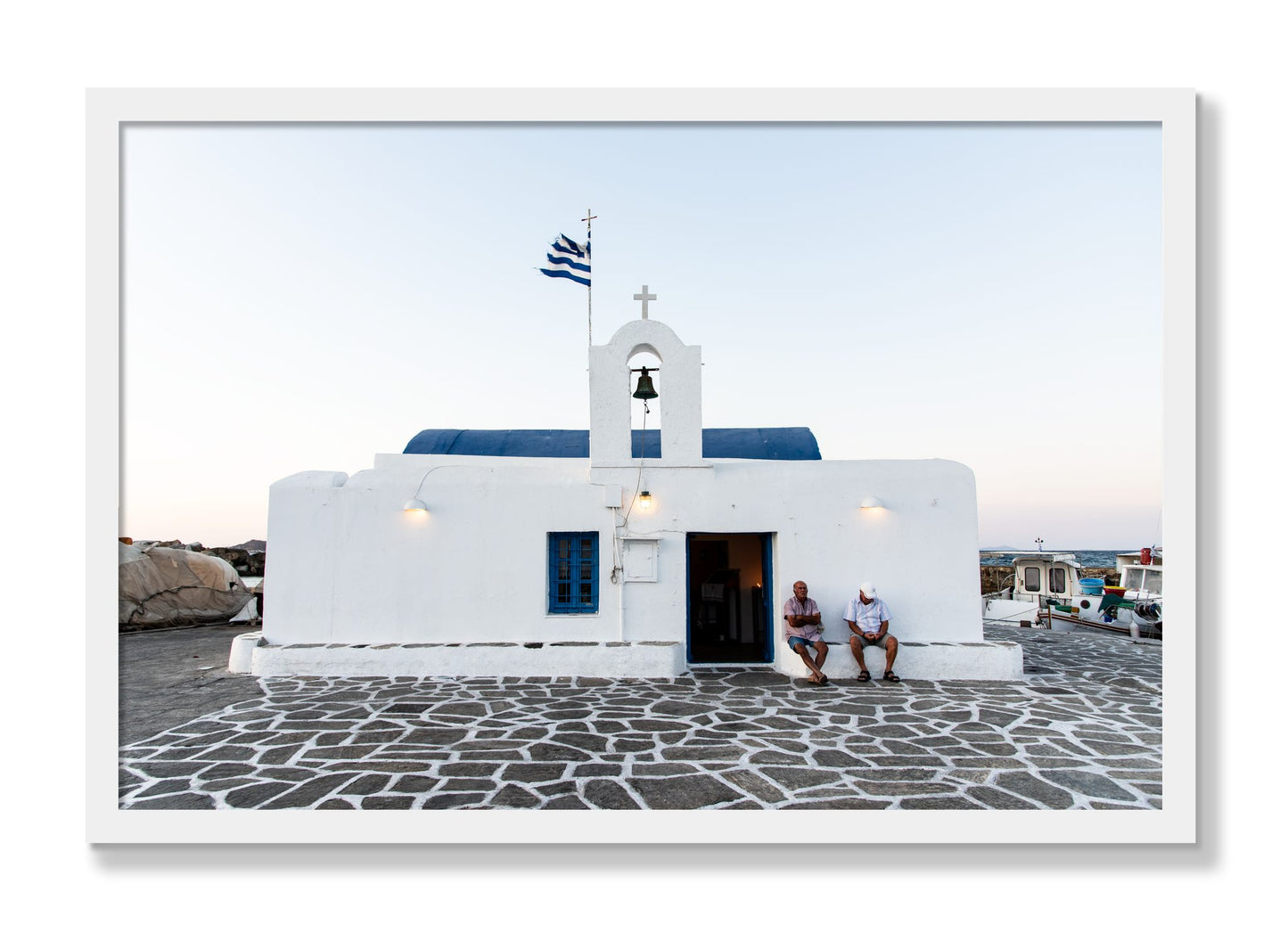 Framed photograph of Greek Boathouse by Dylan Ozanich, White frame, Full Bleed