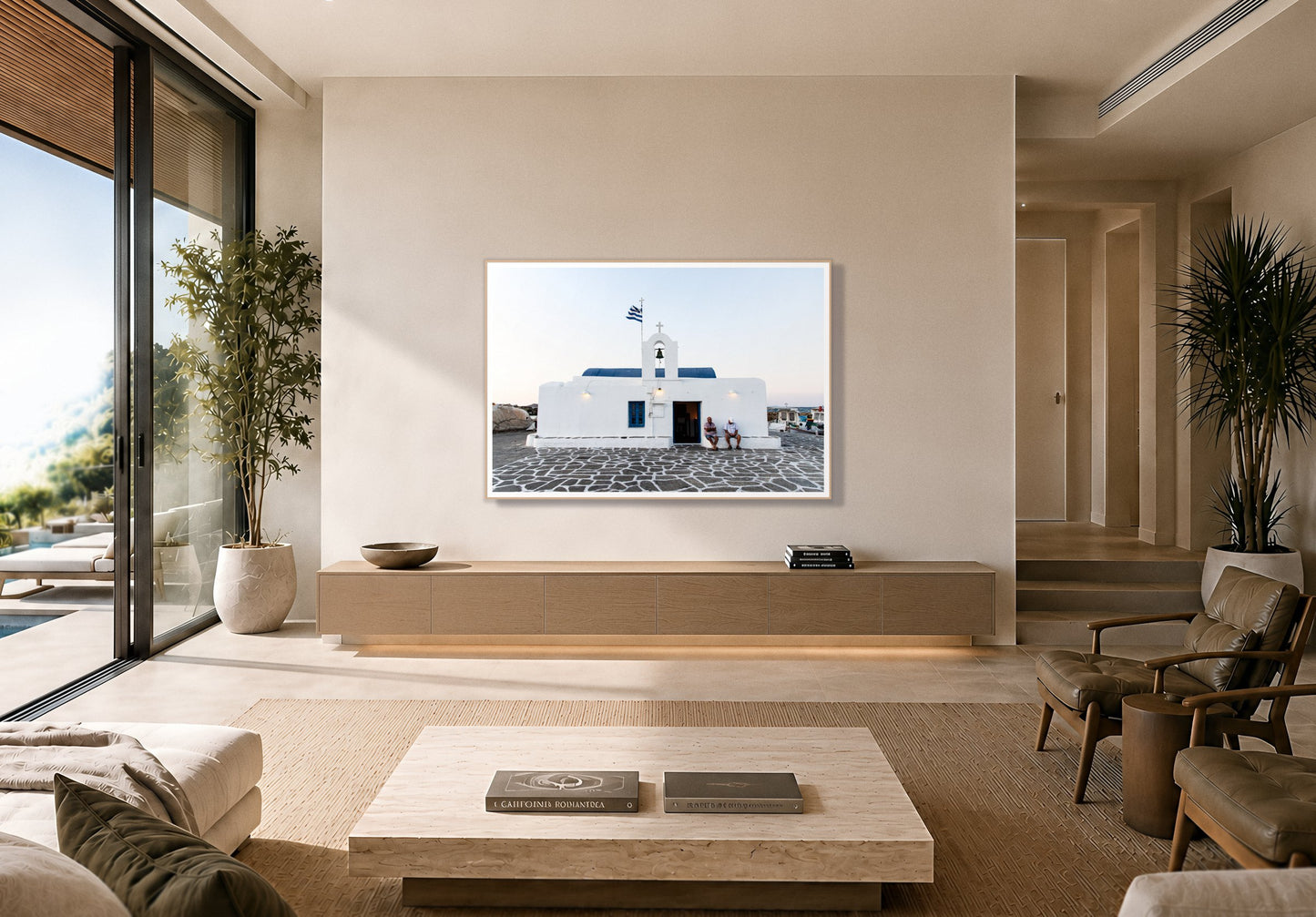 Greek Boathouse by Dylan Ozanich in an Oak frame, above a floating oak credenza in a minimalist room opening onto a pool terrace