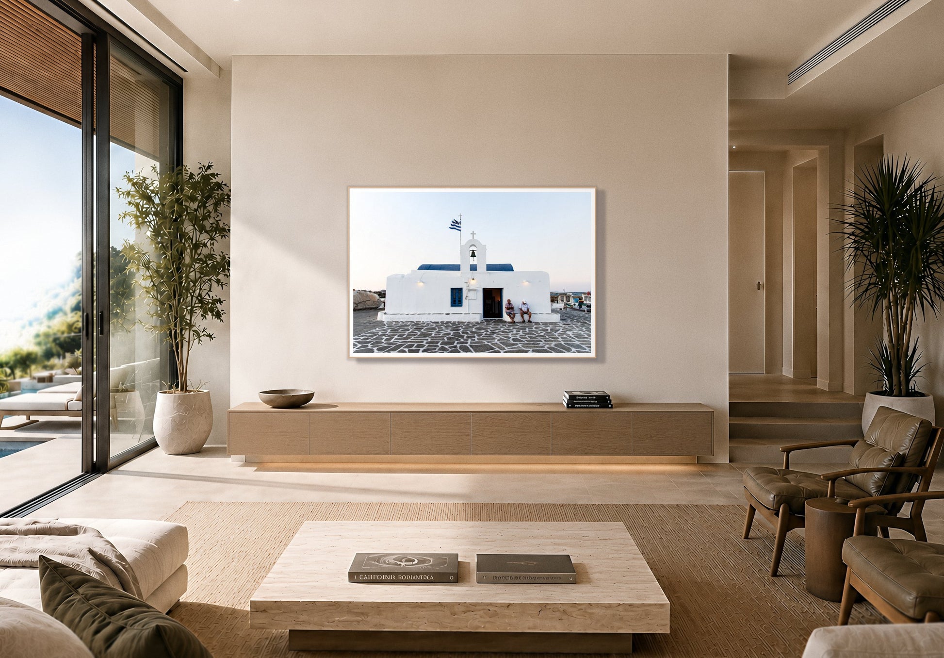 Greek Boathouse by Dylan Ozanich in an Oak frame, above a floating oak credenza in a minimalist room opening onto a pool terrace