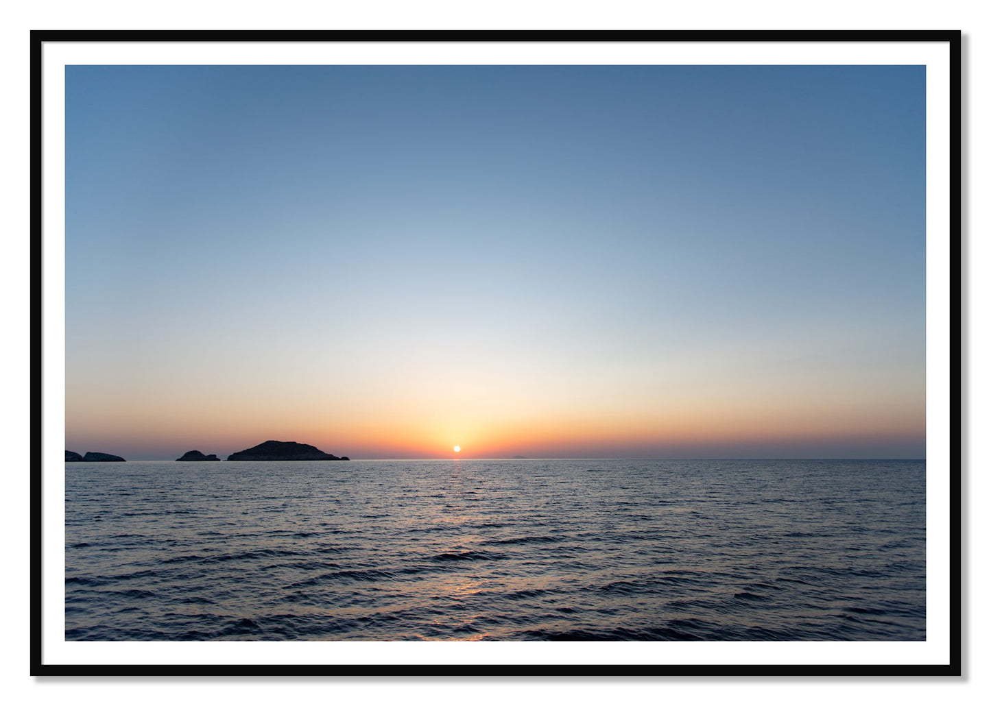 Greek Ocean by Dylan Ozanich, 48×72 print with a White Border in a Black frame