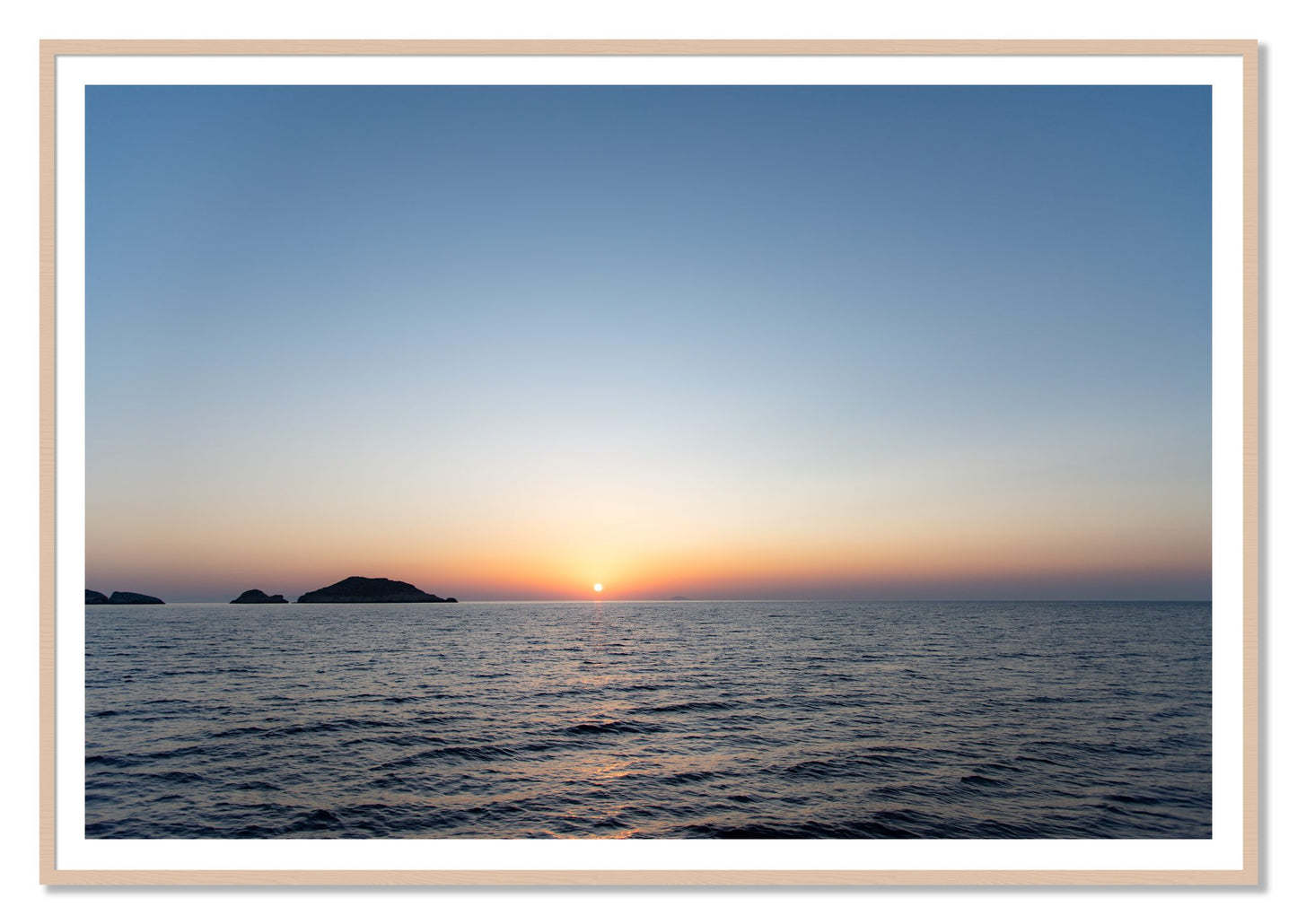 Greek Ocean by Dylan Ozanich, 48×72 print with a White Border in a Maple frame