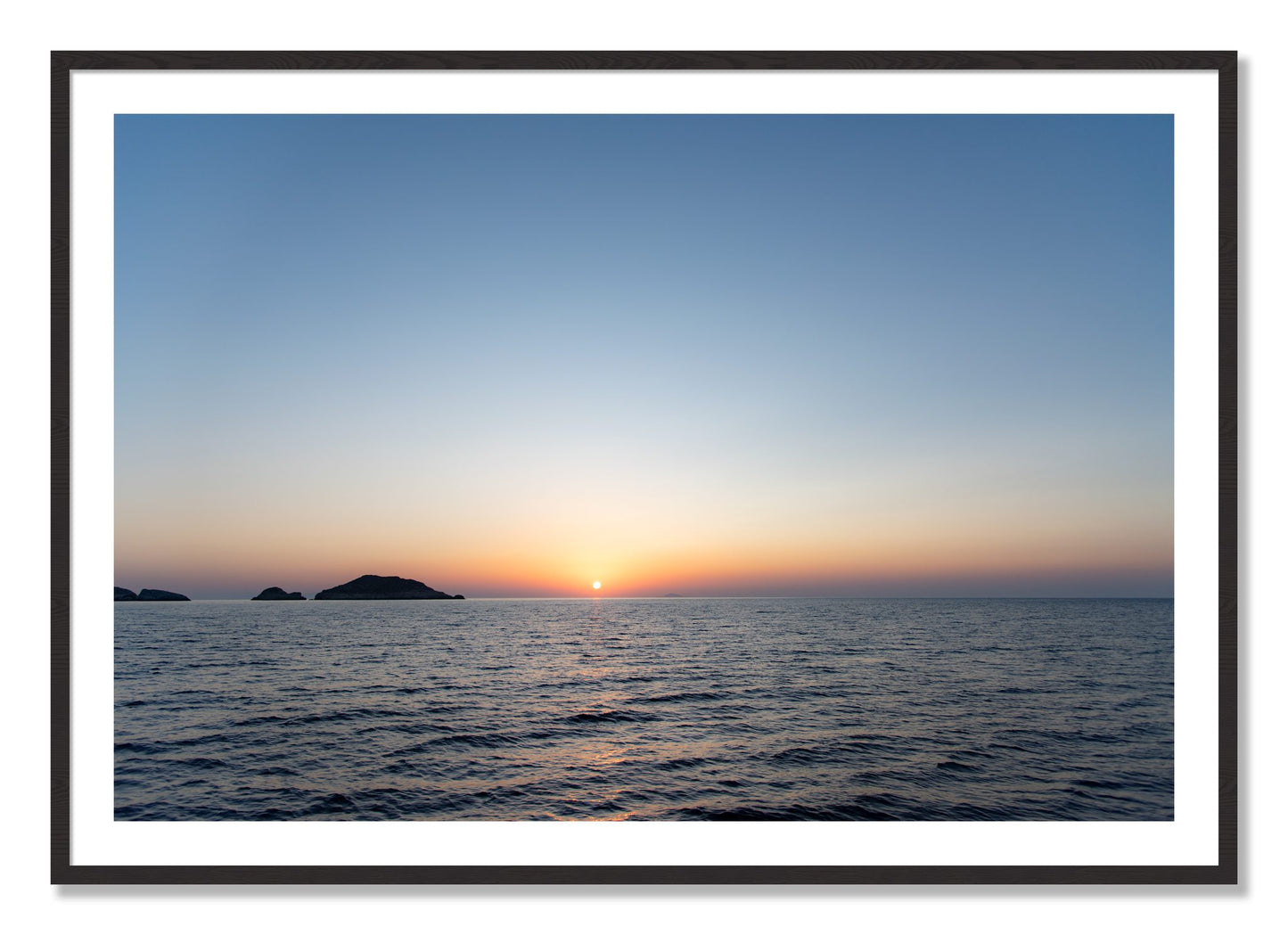 Framed photograph of Greek Ocean by Dylan Ozanich, Black Walnut frame, Borders