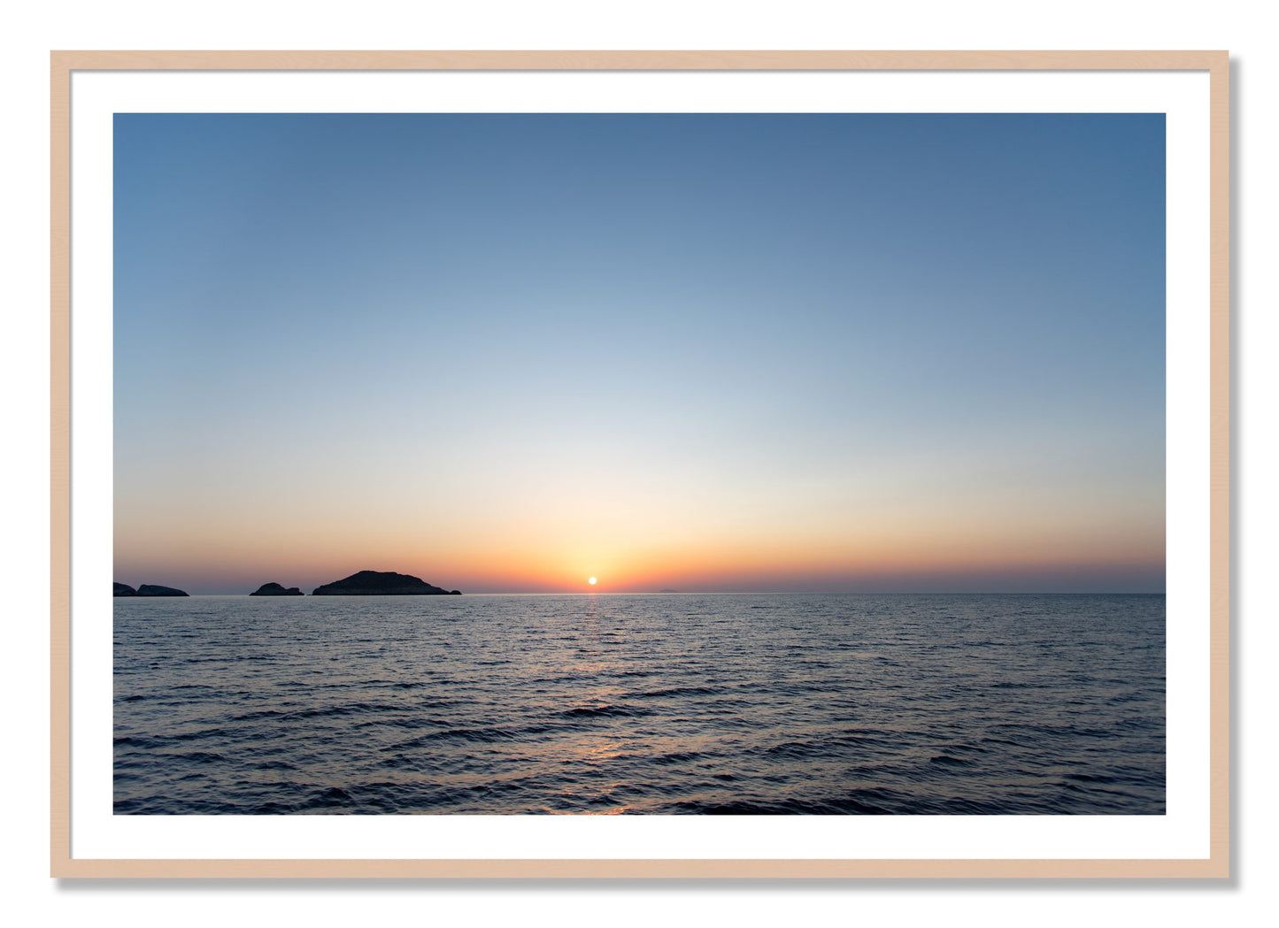 Framed photograph of Greek Ocean by Dylan Ozanich, Maple frame, Borders