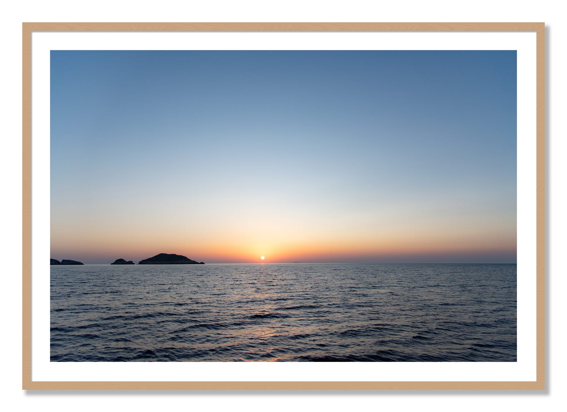Framed photograph of Greek Ocean by Dylan Ozanich, Oak frame, Borders