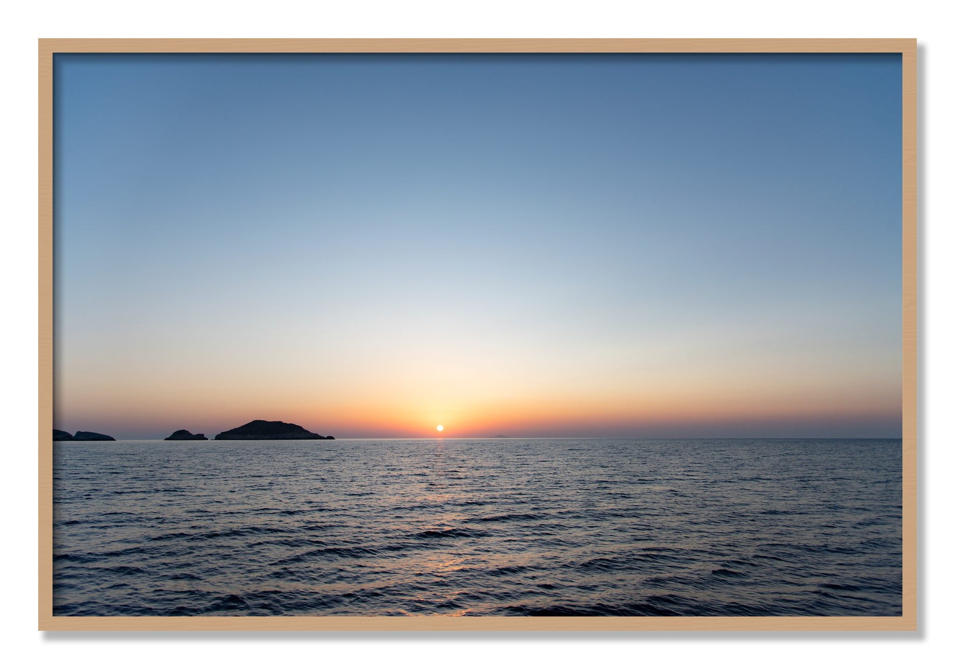 Framed photograph of Greek Ocean by Dylan Ozanich, Oak frame, Full Bleed