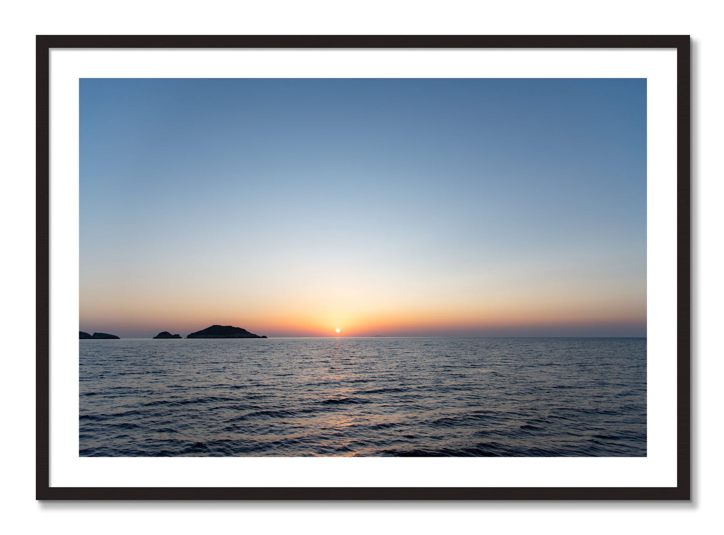 Framed photograph of Greek Ocean by Dylan Ozanich, Black Walnut frame, Borders