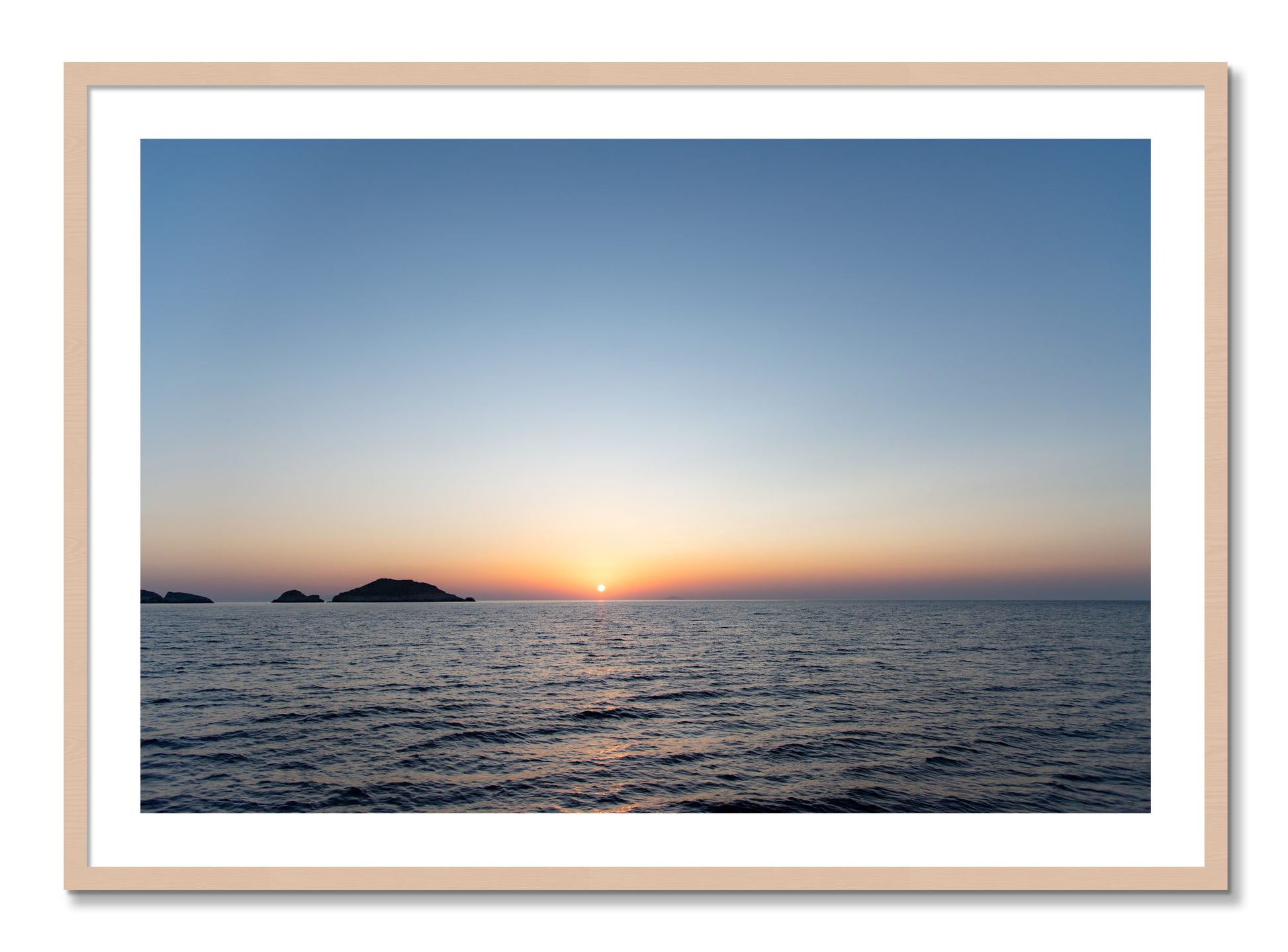Framed photograph of Greek Ocean by Dylan Ozanich, Maple frame, Borders