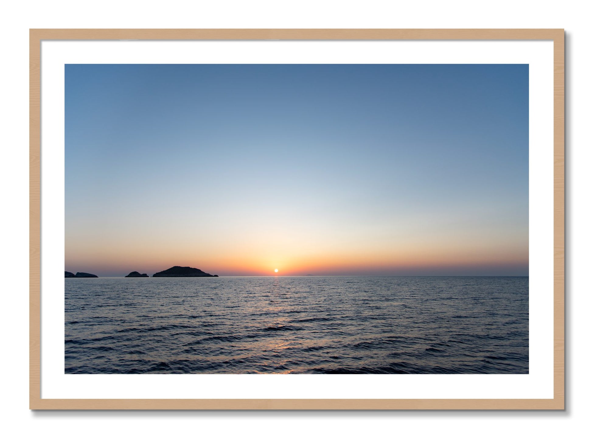 Framed photograph of Greek Ocean by Dylan Ozanich, Oak frame, Borders