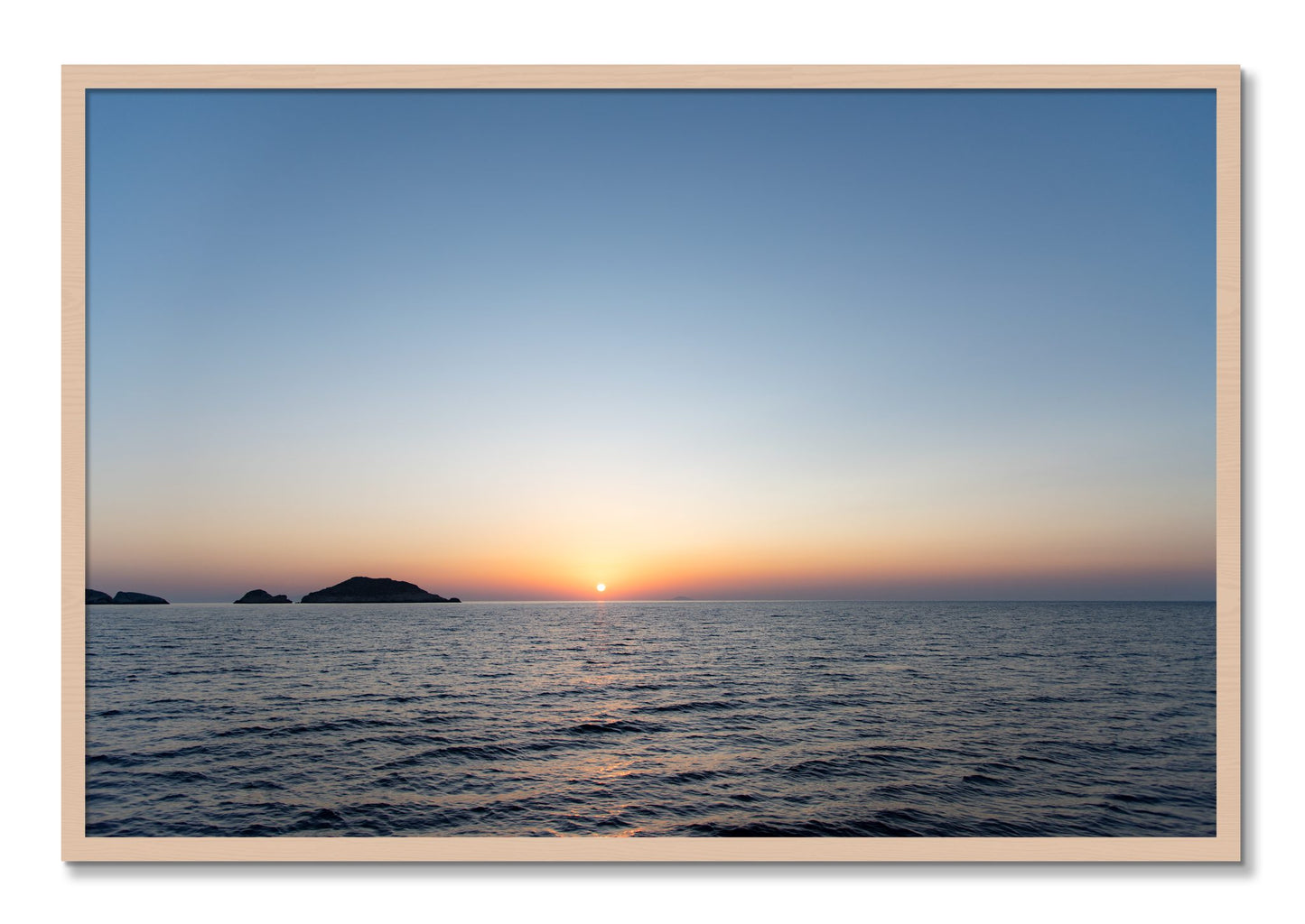 Framed photograph of Greek Ocean by Dylan Ozanich, Maple frame, Full Bleed