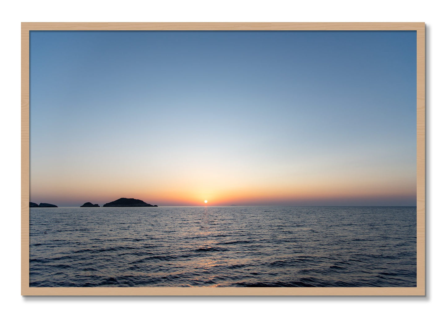 Framed photograph of Greek Ocean by Dylan Ozanich, Oak frame, Full Bleed