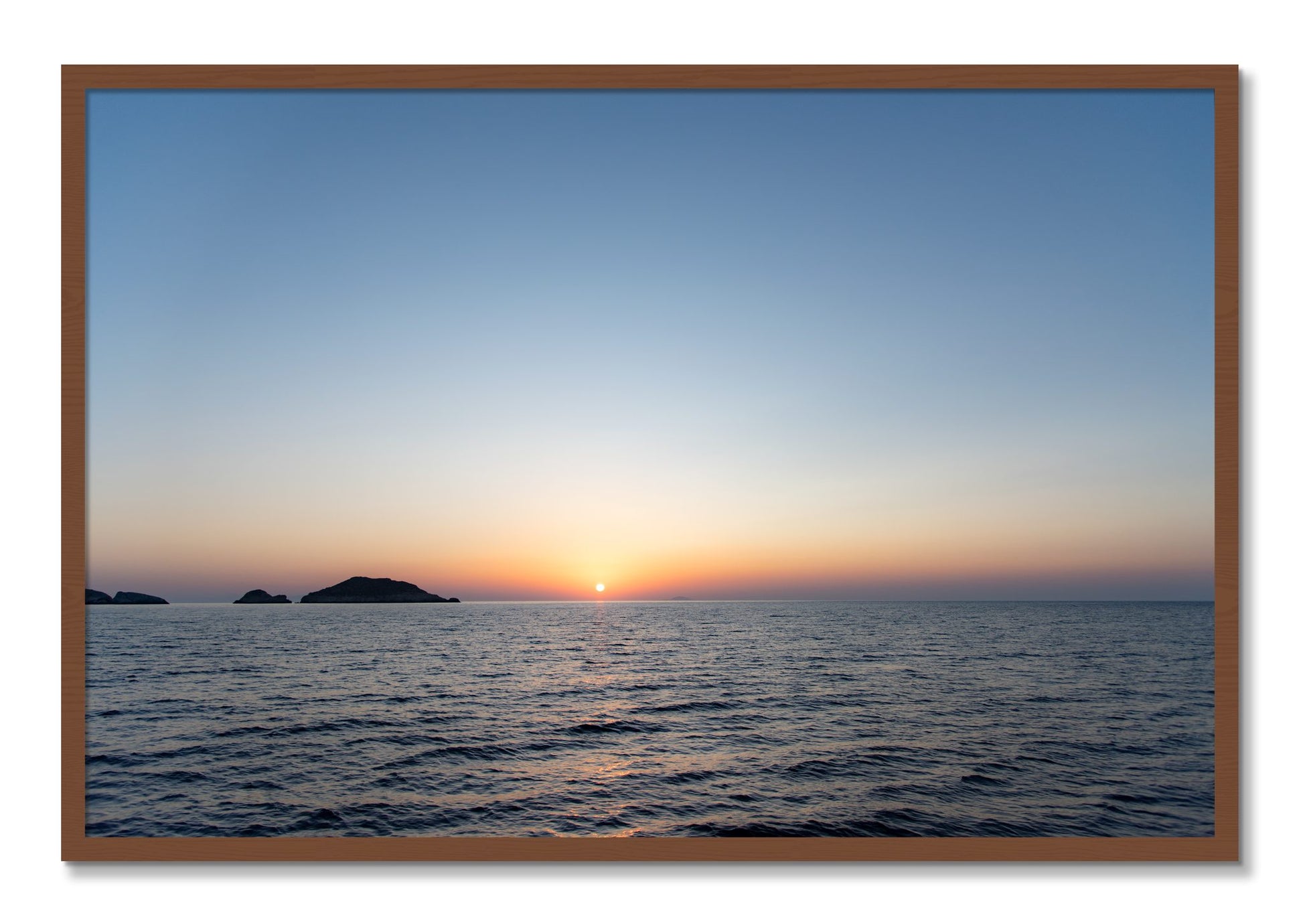 Framed photograph of Greek Ocean by Dylan Ozanich, Walnut frame, Full Bleed