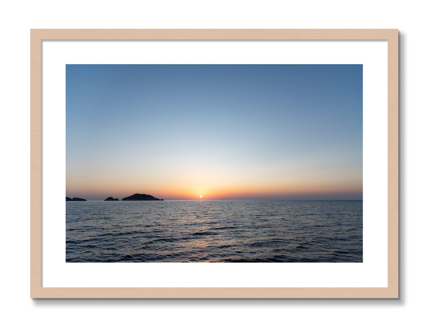 Framed photograph of Greek Ocean by Dylan Ozanich, Maple frame, Borders