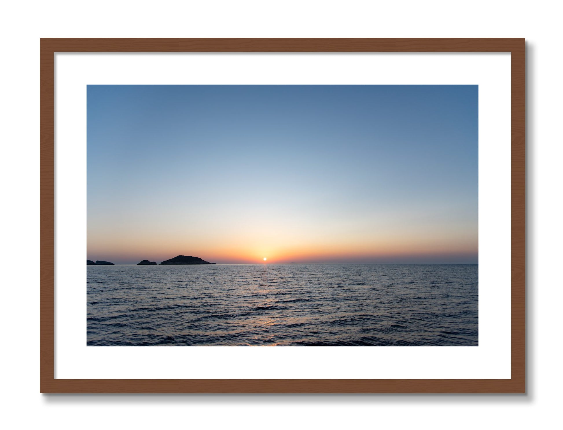 Framed photograph of Greek Ocean by Dylan Ozanich, Walnut frame, Borders