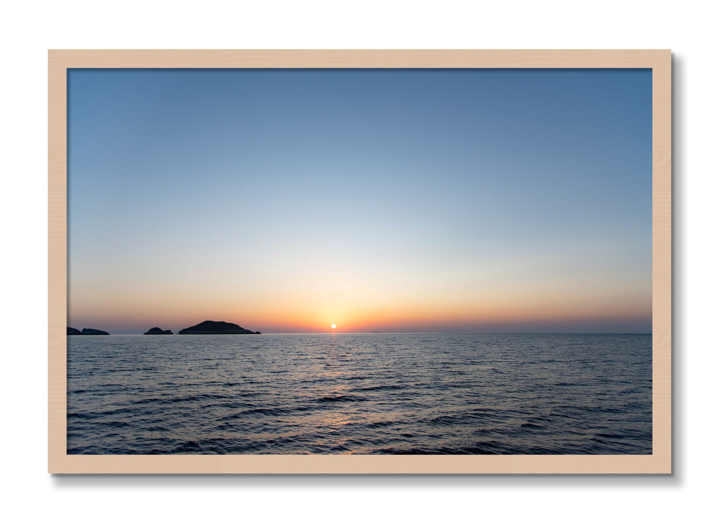 Framed photograph of Greek Ocean by Dylan Ozanich, Maple frame, Full Bleed