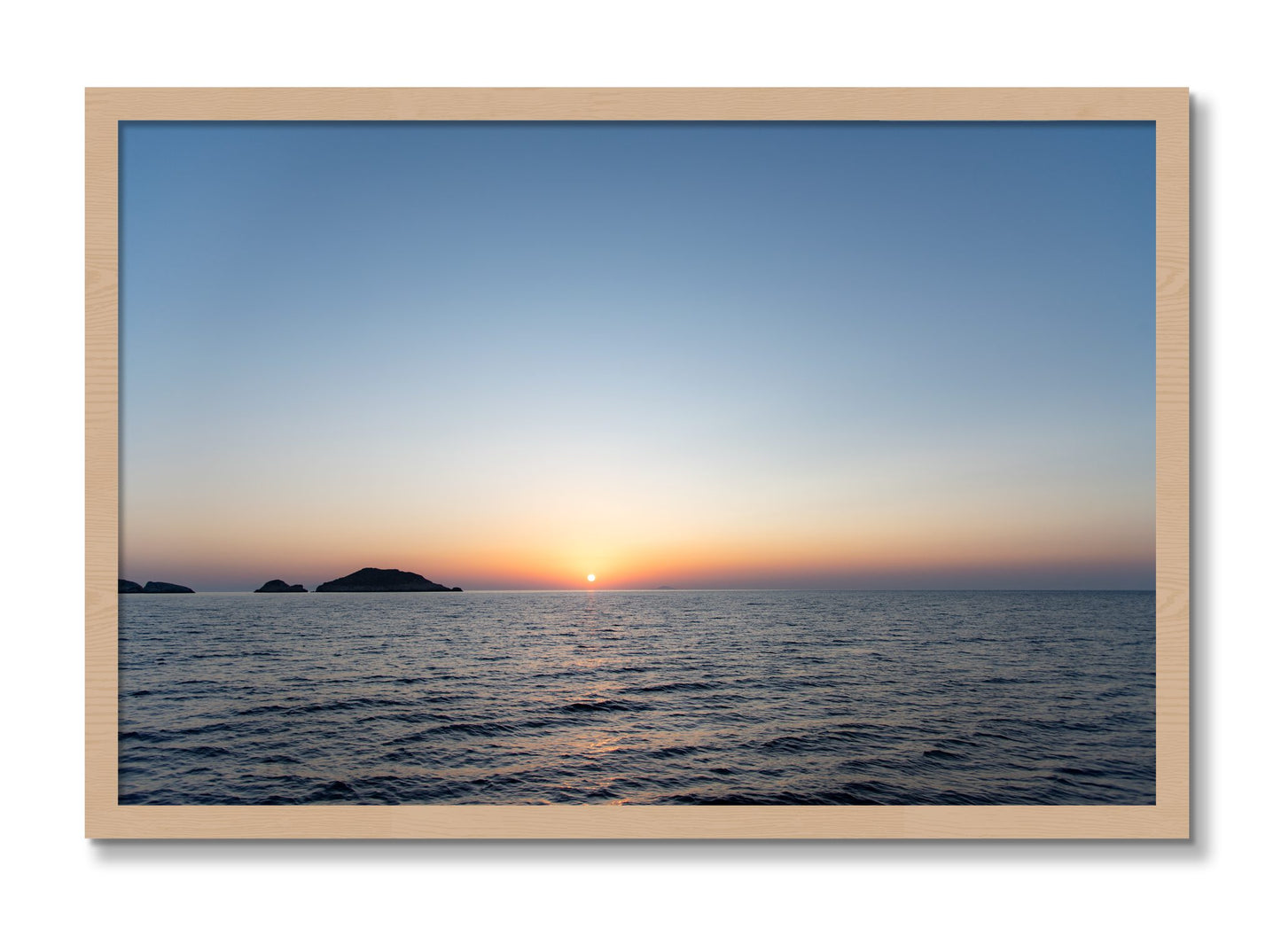 Framed photograph of Greek Ocean by Dylan Ozanich, Oak frame, Full Bleed