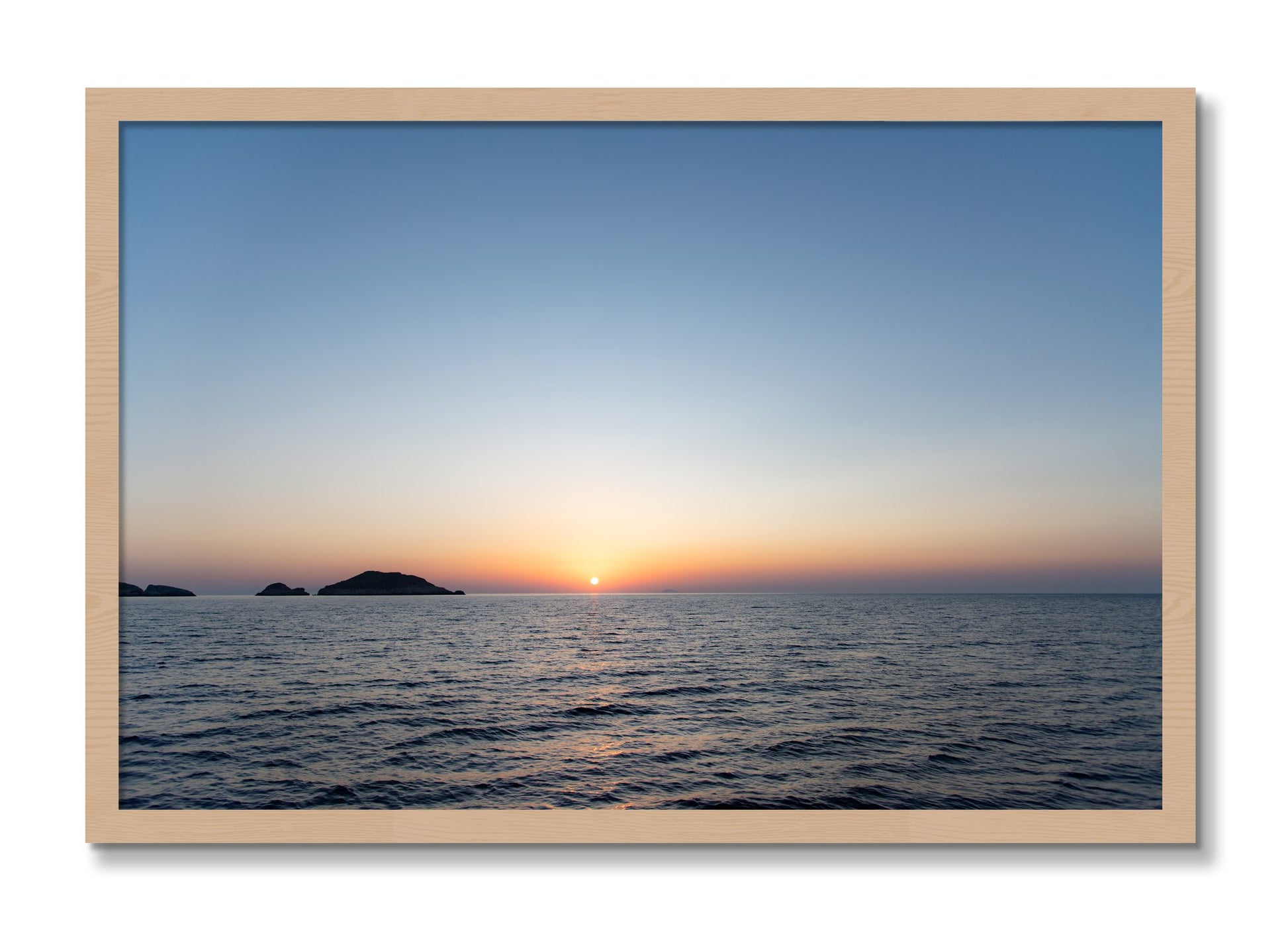 Framed photograph of Greek Ocean by Dylan Ozanich, Oak frame, Full Bleed