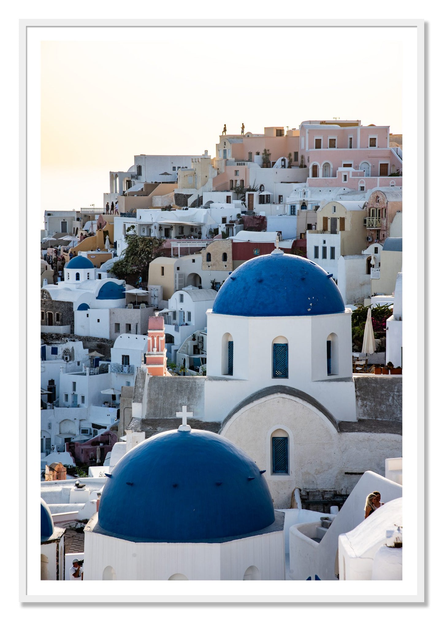 Greek Village by Dylan Ozanich, 48×72 print with a White Border in a White frame