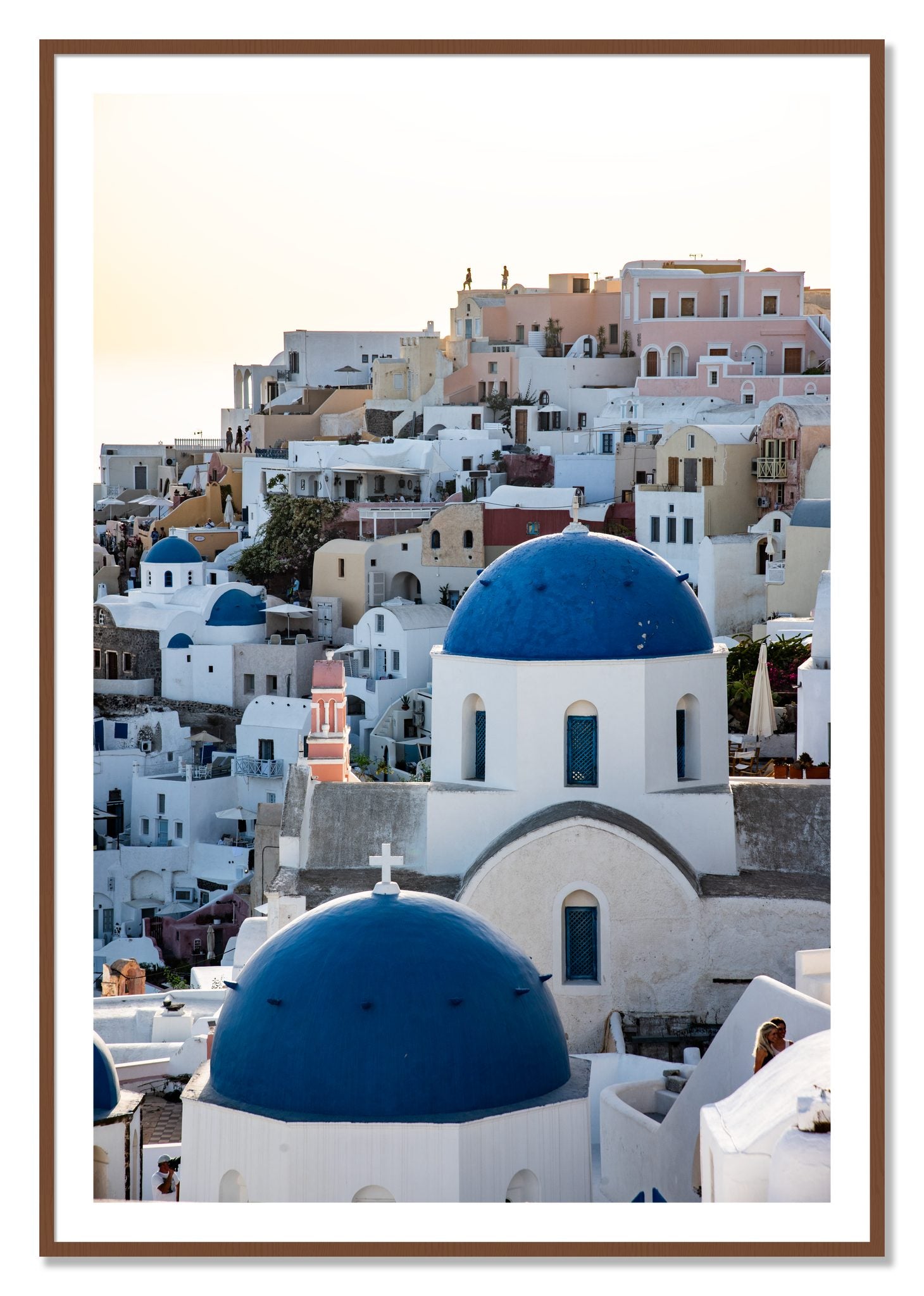 Framed photograph of Greek Village by Dylan Ozanich, Walnut frame, Borders