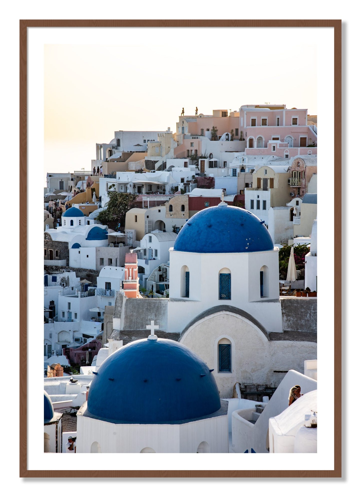 Framed photograph of Greek Village by Dylan Ozanich, Walnut frame, Borders