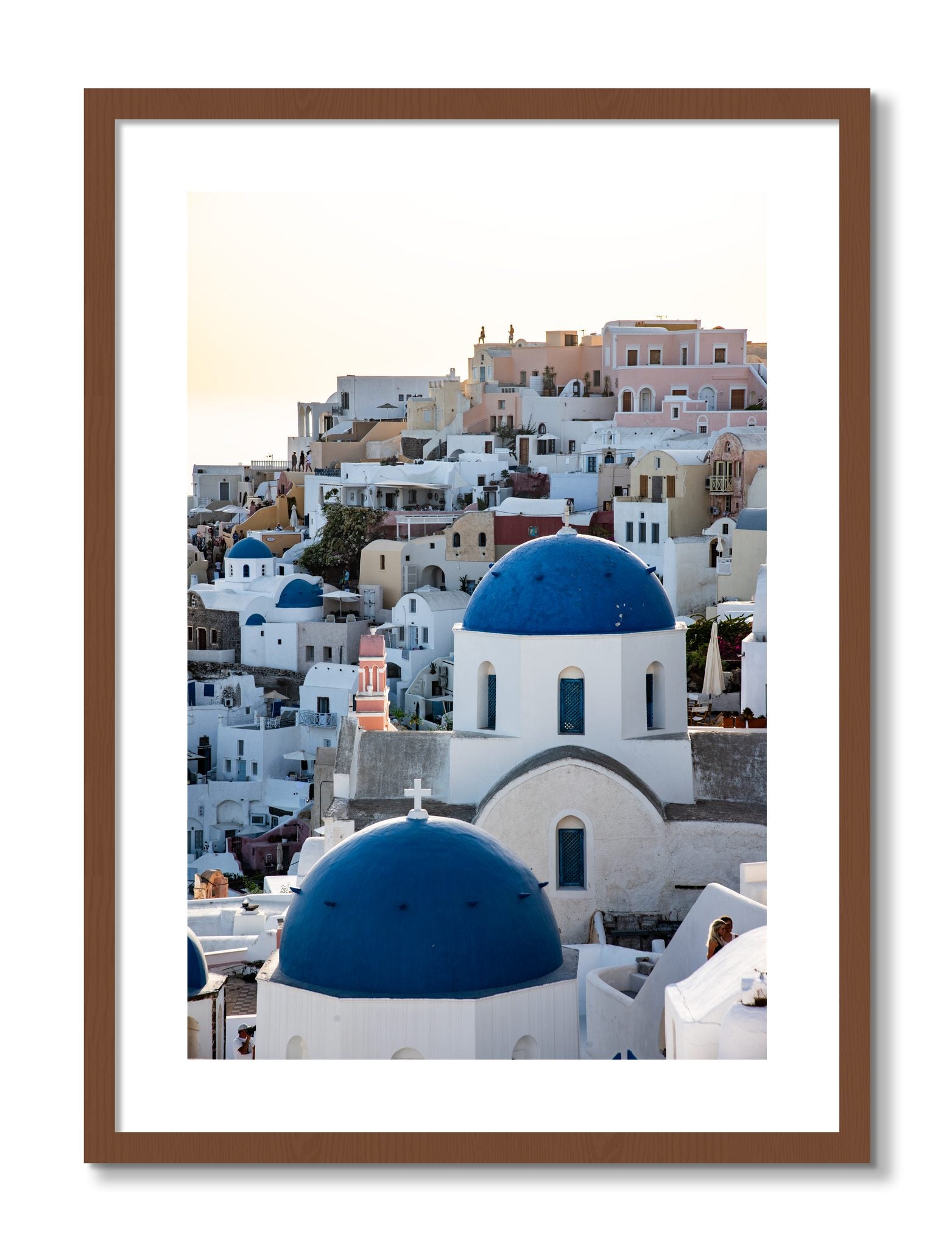 Framed photograph of Greek Village by Dylan Ozanich, Walnut frame, Borders