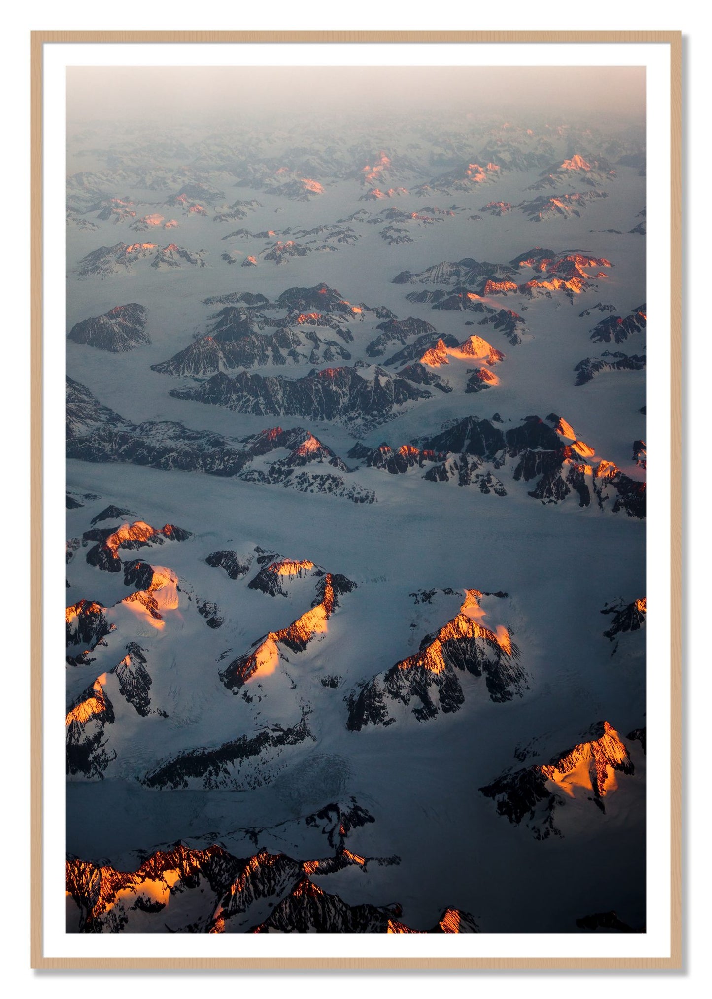 Greenland Light by Dylan Ozanich, 48×72 print with a White Border in an Oak frame