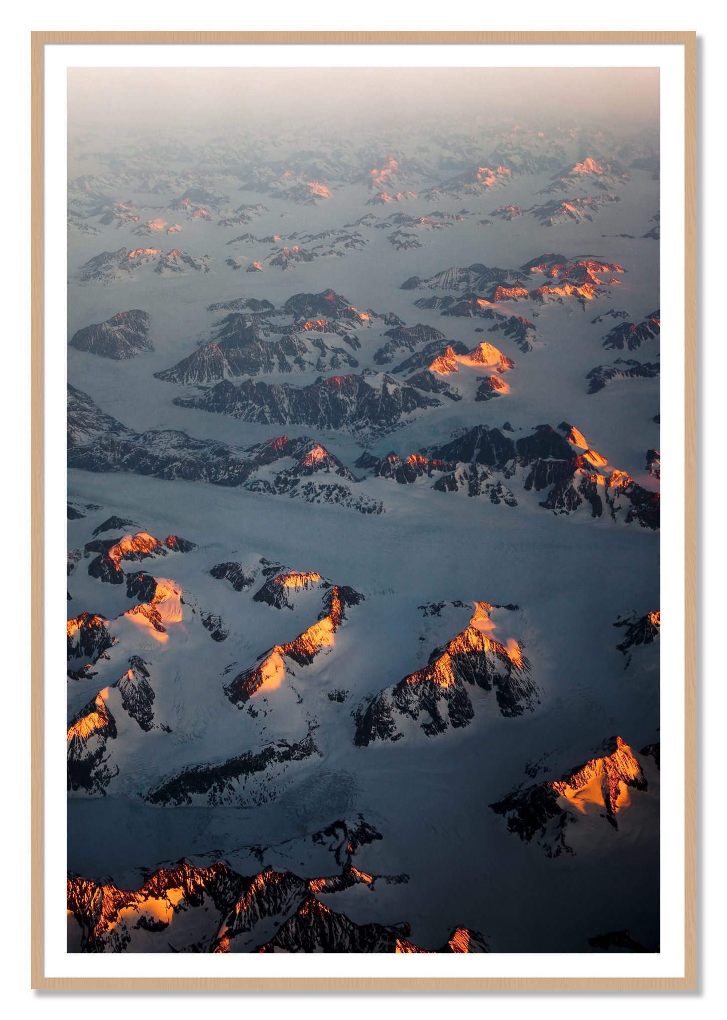 Greenland Light by Dylan Ozanich, 48×72 print with a White Border in an Oak frame