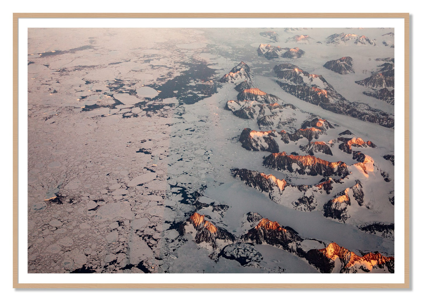 Greenland Peaks by Dylan Ozanich, 48×72 print with a White Border in an Oak frame