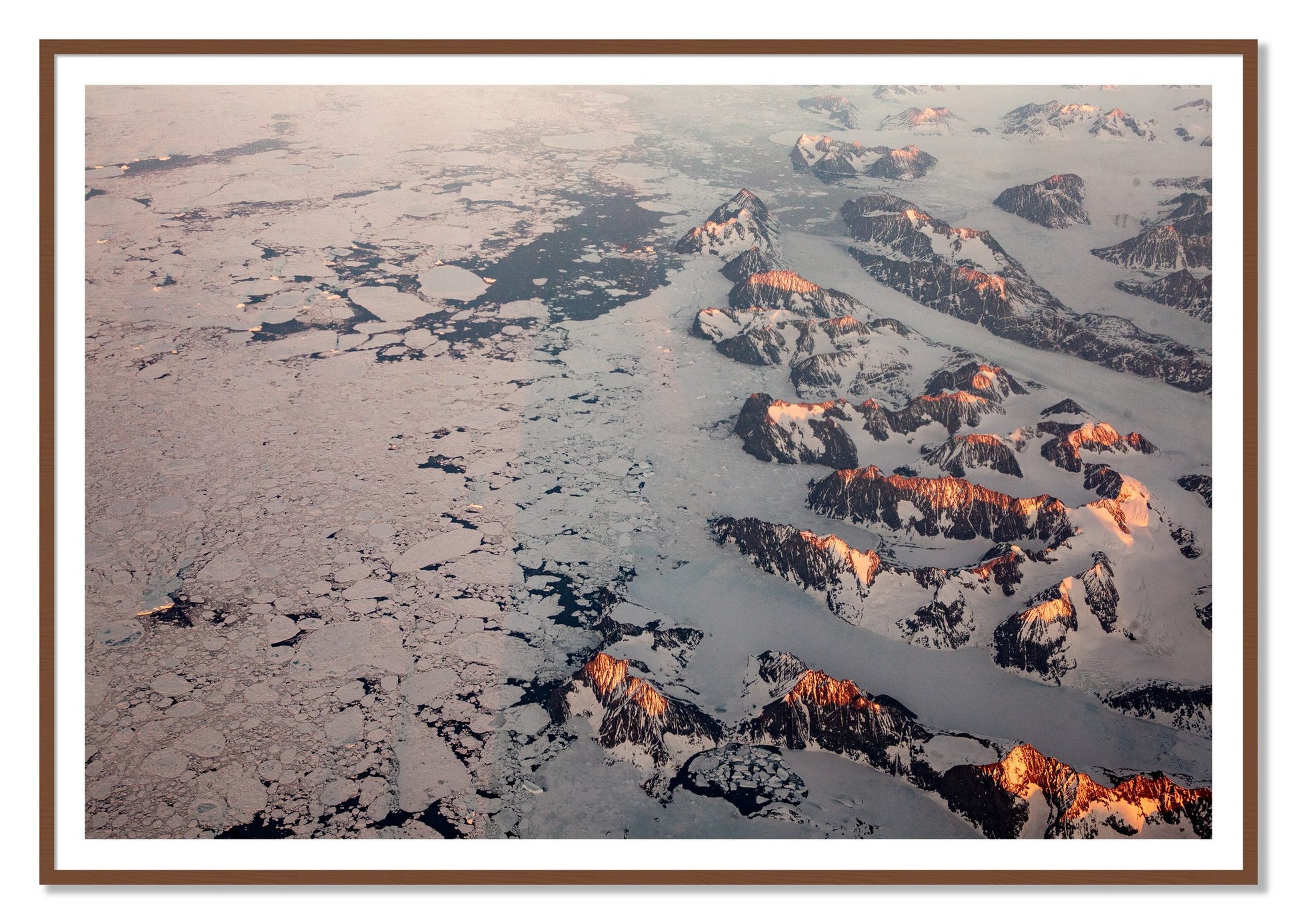 Greenland Peaks by Dylan Ozanich, 48×72 print with a White Border in a Walnut frame