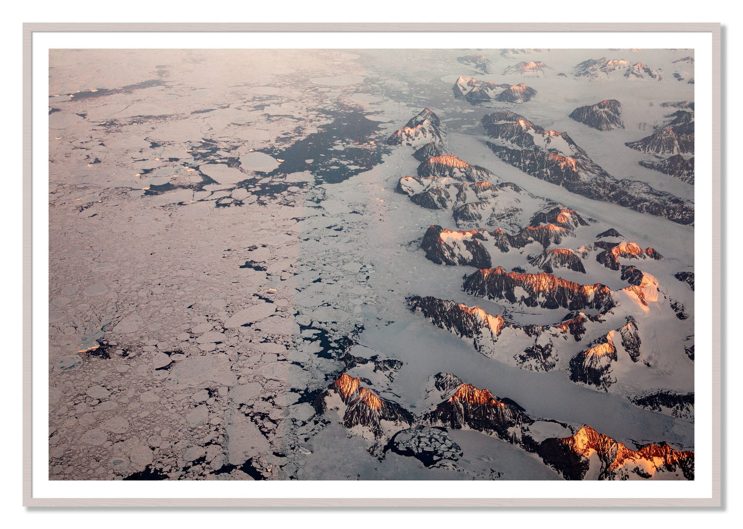 Greenland Peaks by Dylan Ozanich, 48×72 print with a White Border in a White Maple frame