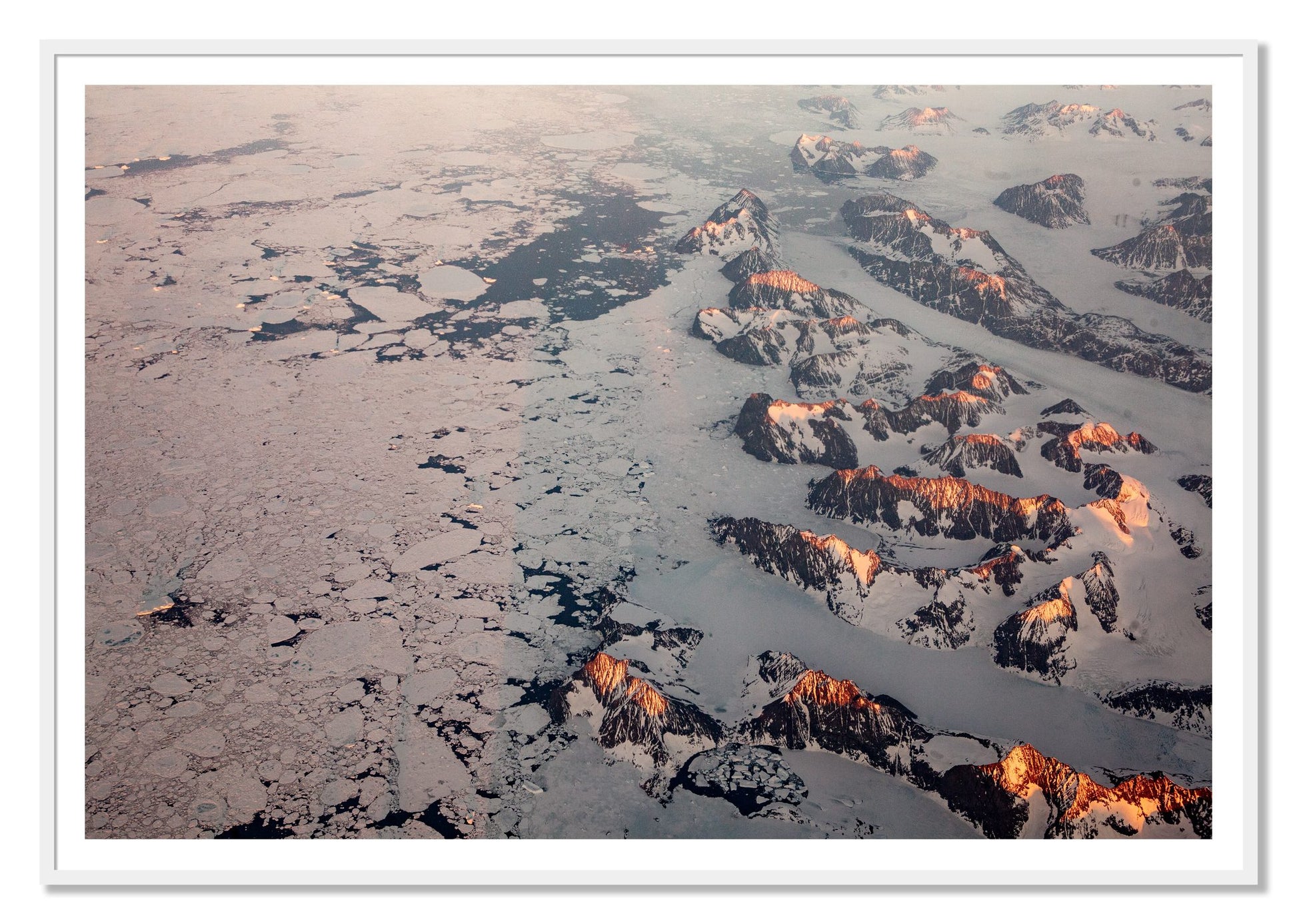 Greenland Peaks by Dylan Ozanich, 48×72 print with a White Border in a White frame