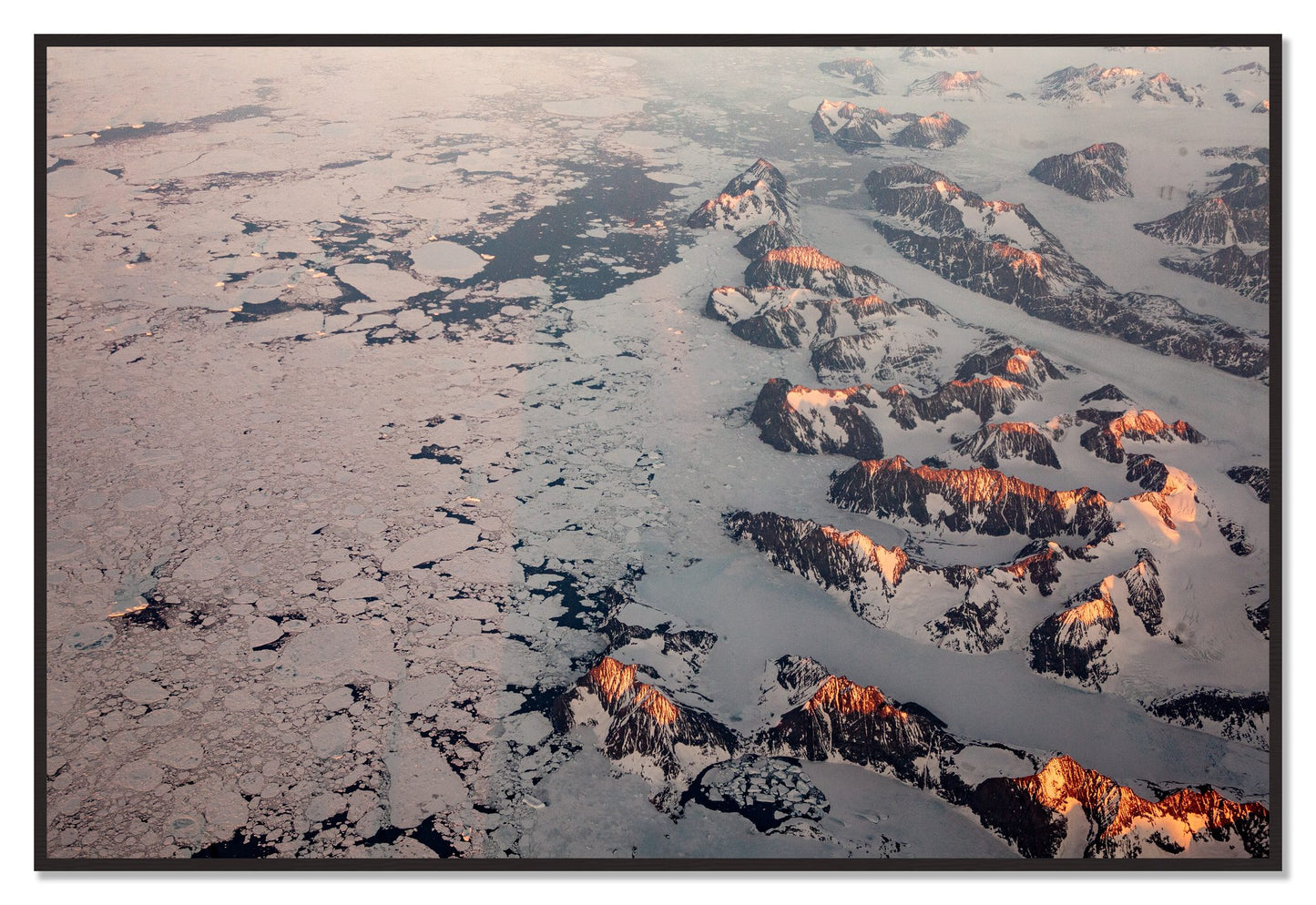 Greenland Peaks by Dylan Ozanich, 48×72 Full Bleed Print in a Black Walnut frame
