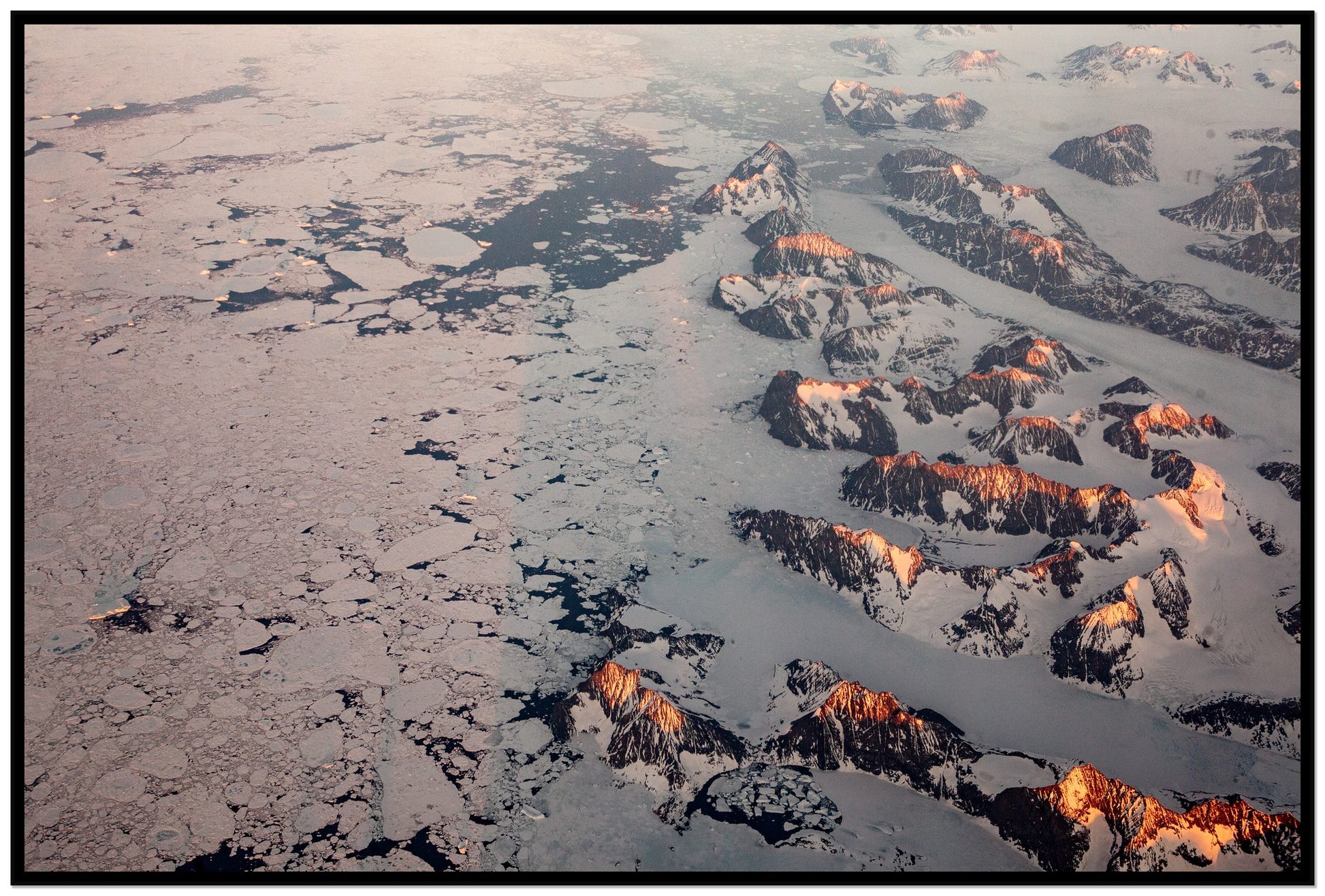 Greenland Peaks by Dylan Ozanich, 48×72 Full Bleed Print in a Black frame