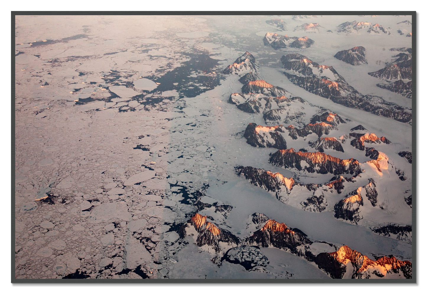 Greenland Peaks by Dylan Ozanich, 48×72 Full Bleed Print in a Grey frame