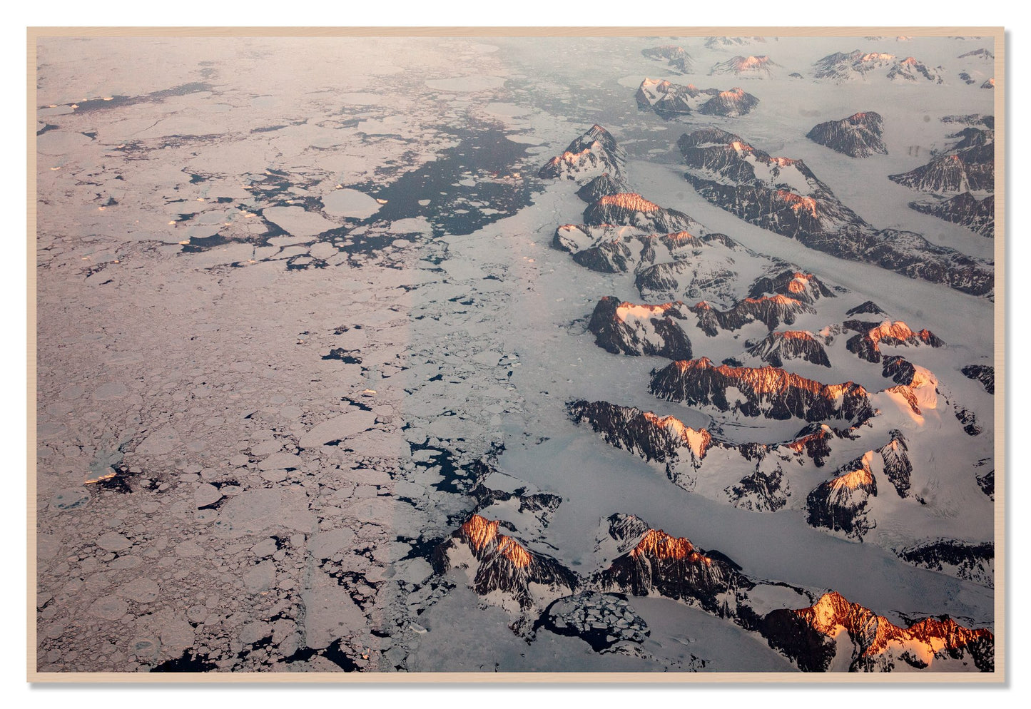 Greenland Peaks by Dylan Ozanich, 48×72 Full Bleed Print in a Maple frame