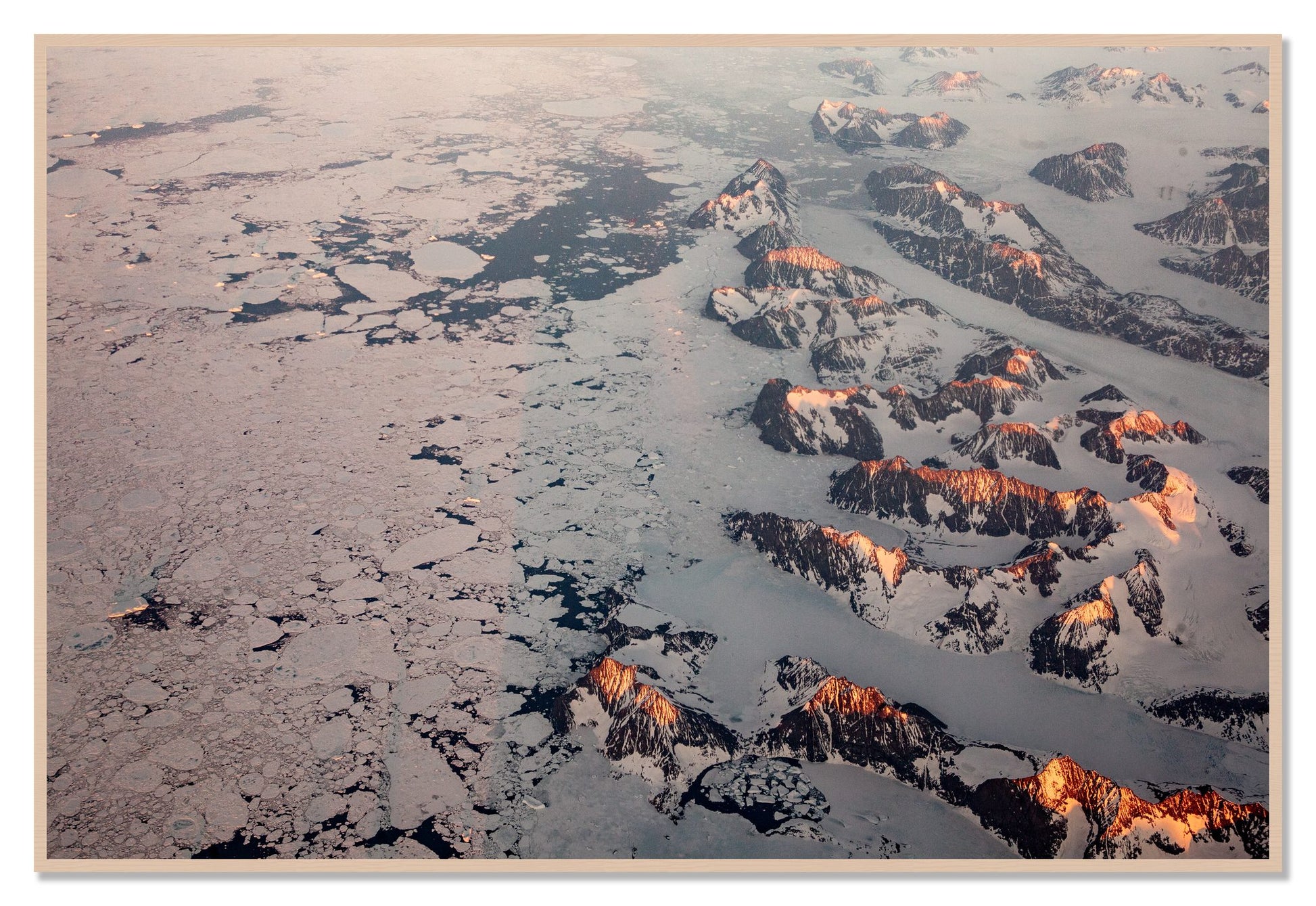 Greenland Peaks by Dylan Ozanich, 48×72 Full Bleed Print in a Maple frame