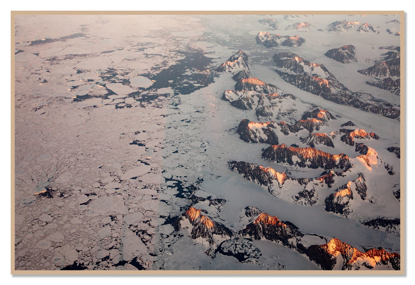 Greenland Peaks by Dylan Ozanich, 48×72 Full Bleed Print in an Oak frame