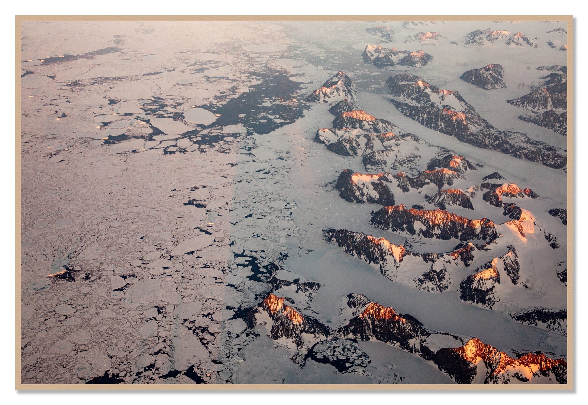 Greenland Peaks by Dylan Ozanich, 48×72 Full Bleed Print in an Oak frame