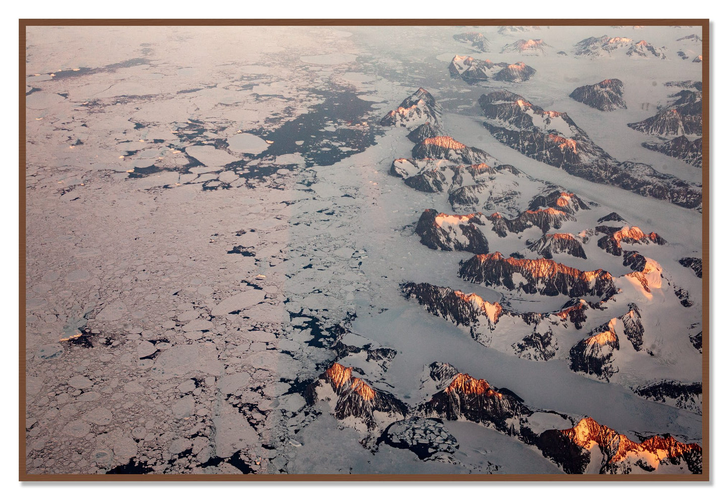 Greenland Peaks by Dylan Ozanich, 48×72 Full Bleed Print in a Walnut frame