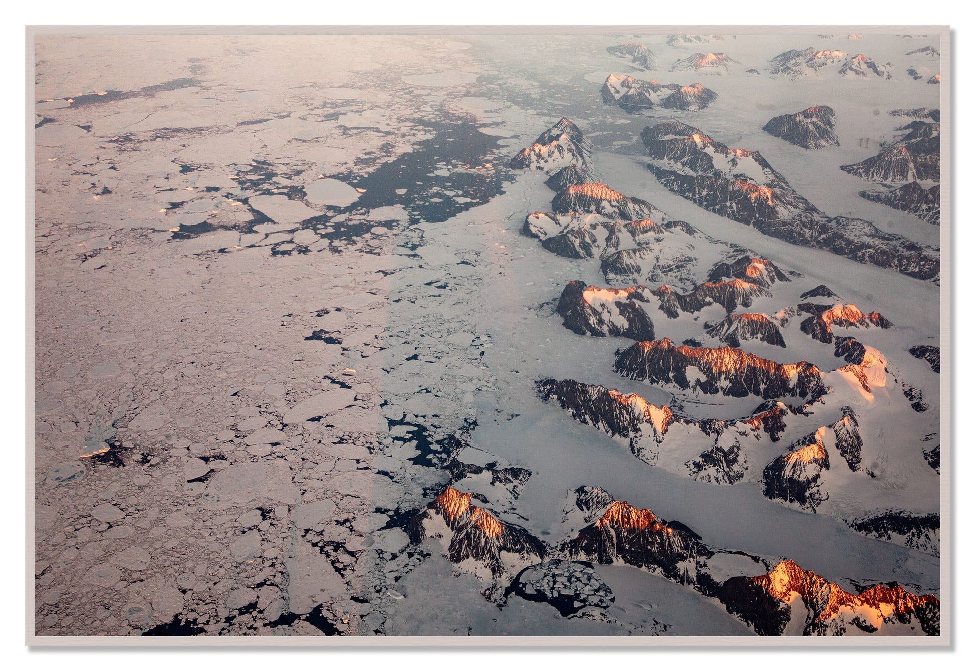 Greenland Peaks by Dylan Ozanich, 48×72 Full Bleed Print in a White Maple frame