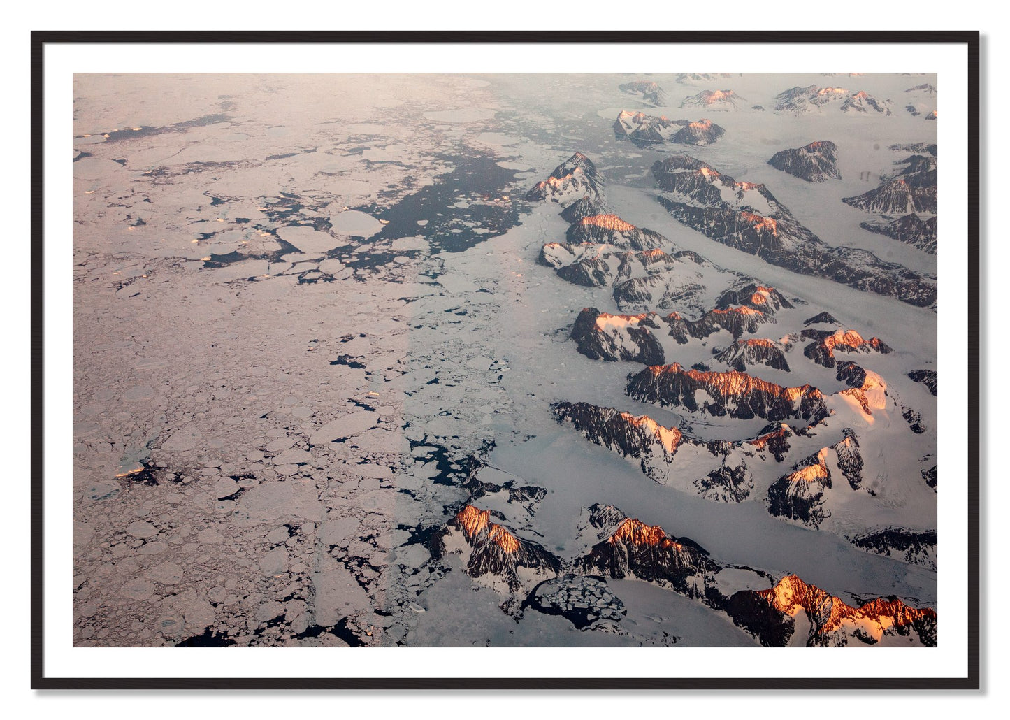 Framed photograph of Greenland Peaks by Dylan Ozanich, Black Walnut frame, Borders