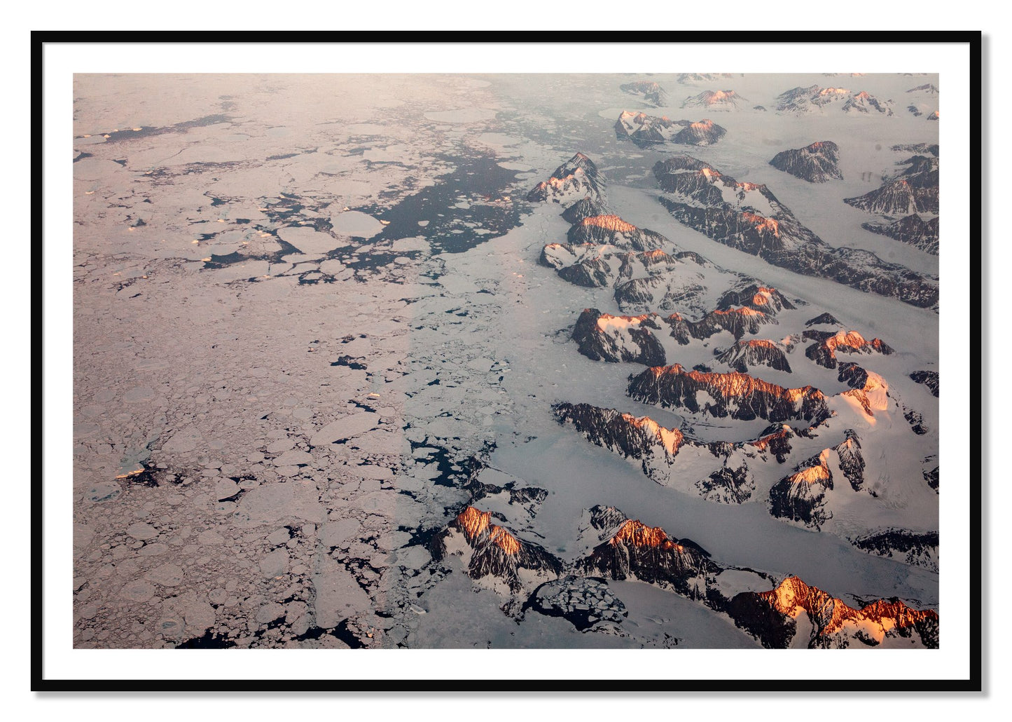 Framed photograph of Greenland Peaks by Dylan Ozanich, Black frame, Borders