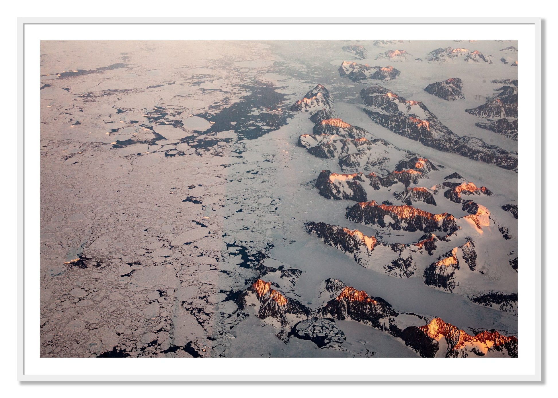Framed photograph of Greenland Peaks by Dylan Ozanich, White frame, Borders