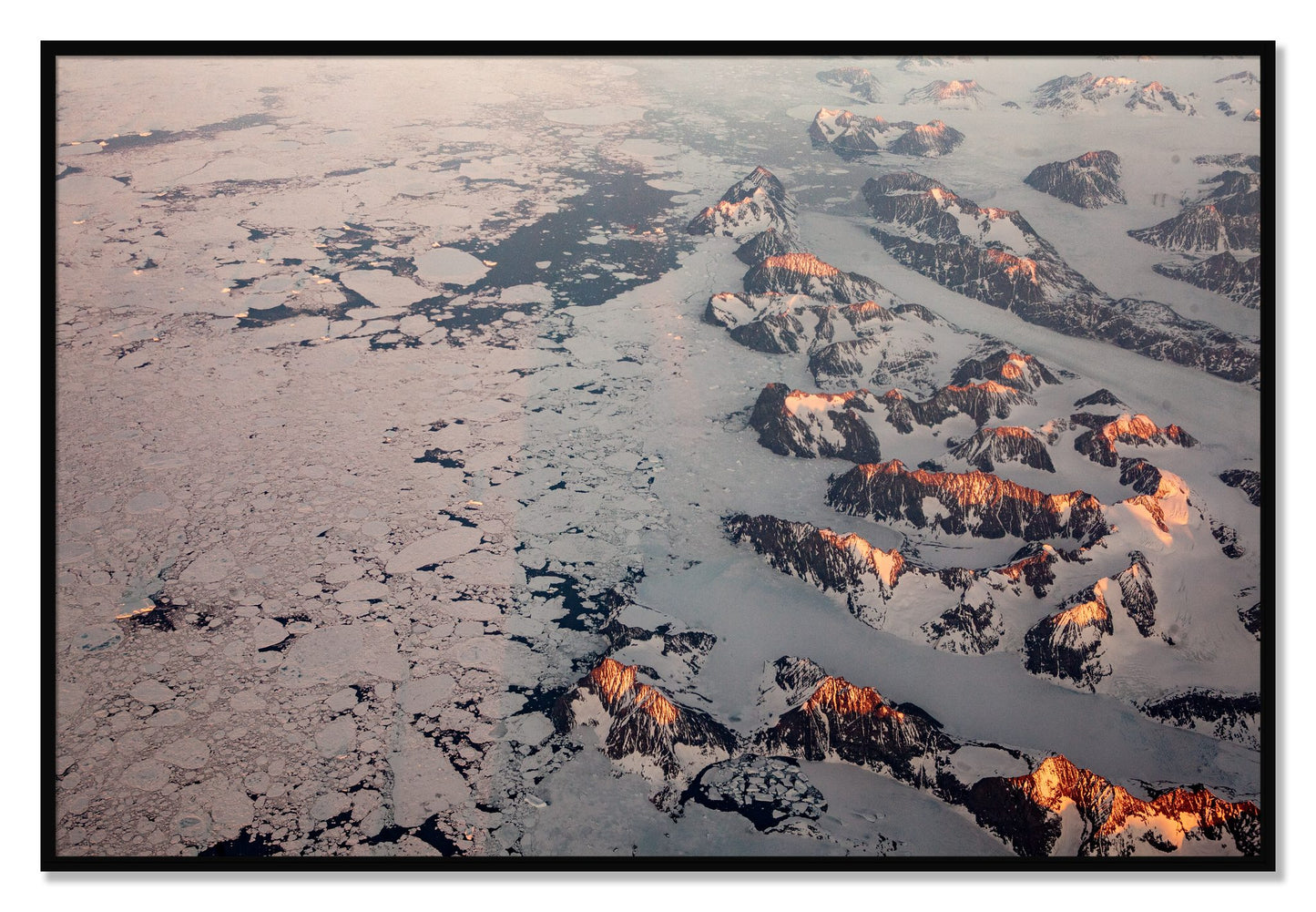 Framed photograph of Greenland Peaks by Dylan Ozanich, Black frame, Full Bleed