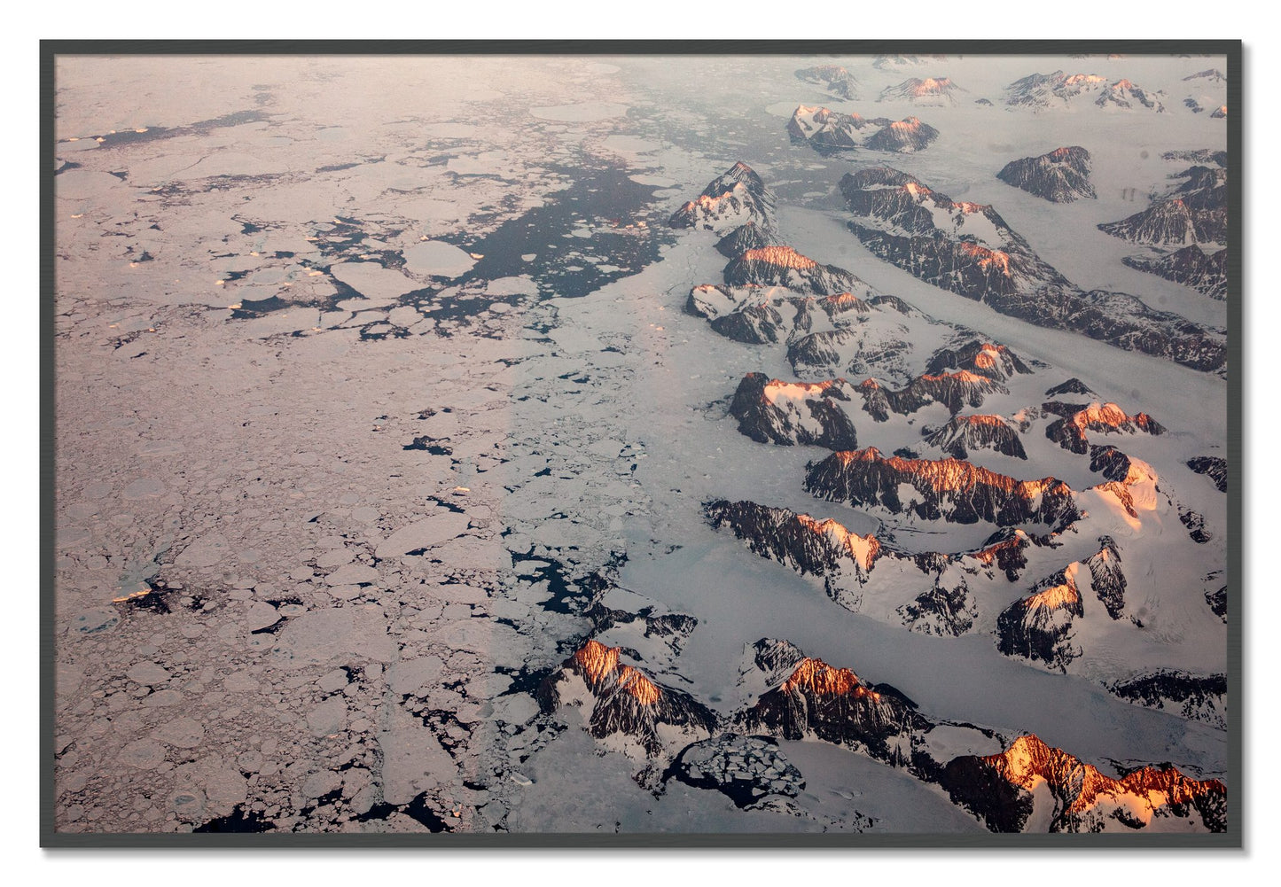 Framed photograph of Greenland Peaks by Dylan Ozanich, Grey frame, Full Bleed