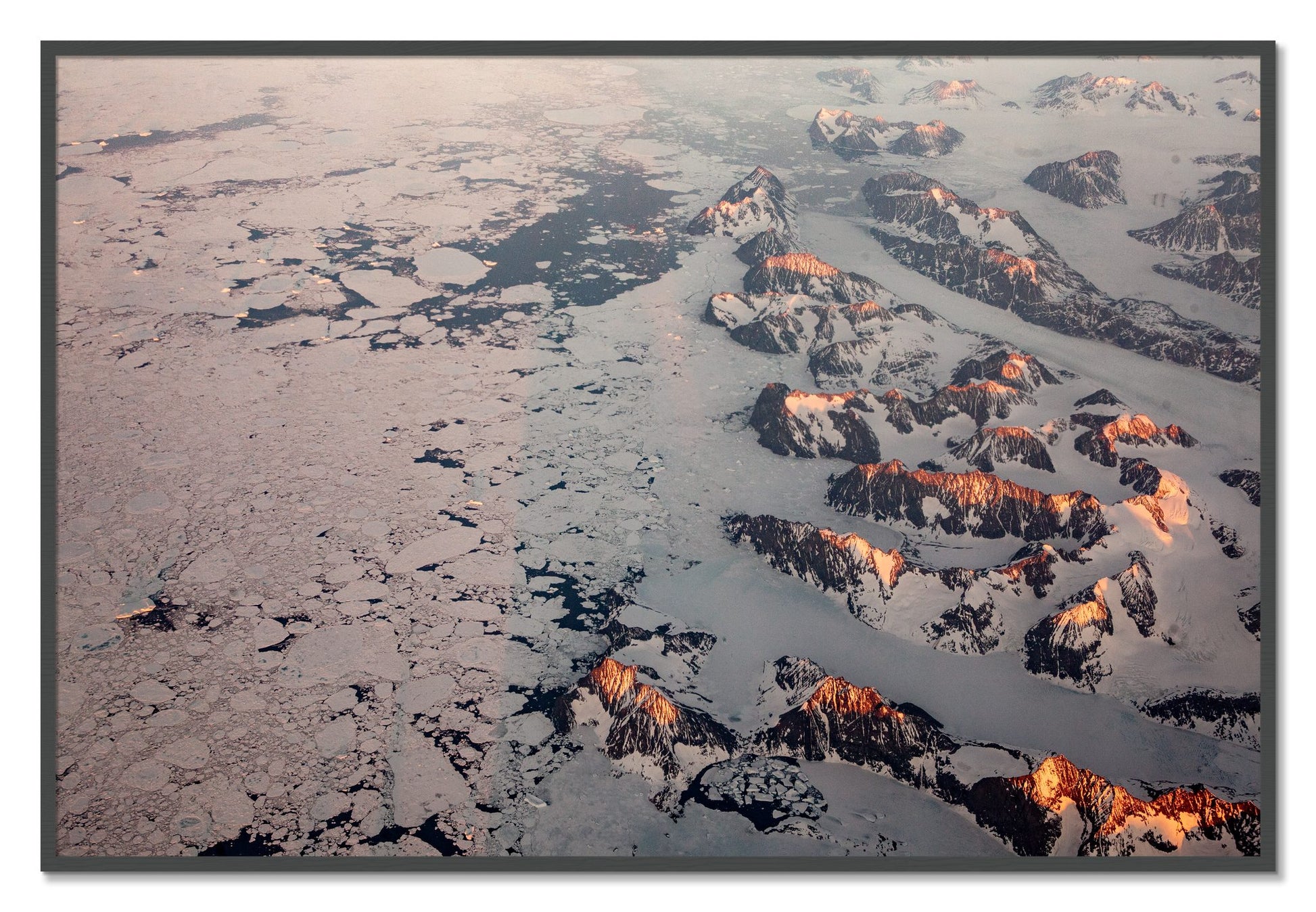 Framed photograph of Greenland Peaks by Dylan Ozanich, Grey frame, Full Bleed
