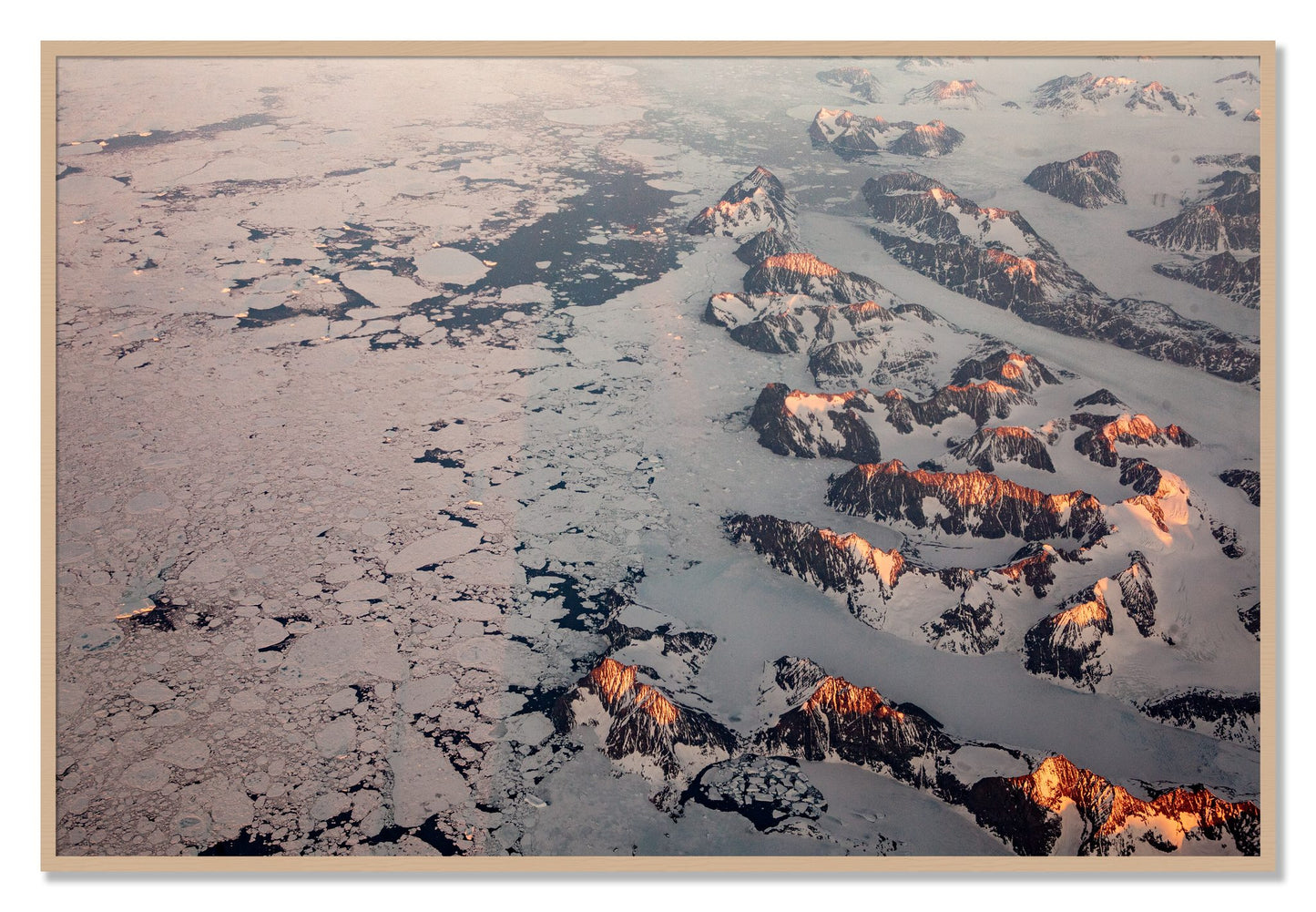 Framed photograph of Greenland Peaks by Dylan Ozanich, Oak frame, Full Bleed