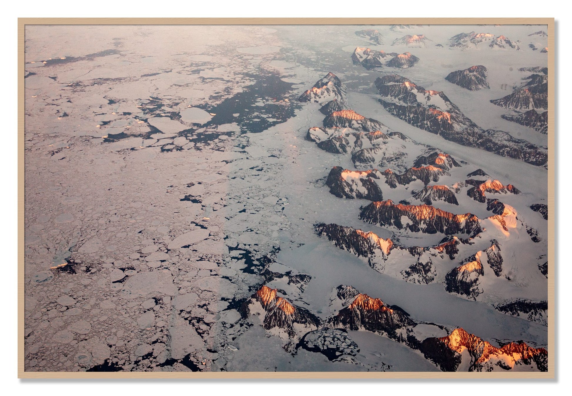 Framed photograph of Greenland Peaks by Dylan Ozanich, Oak frame, Full Bleed