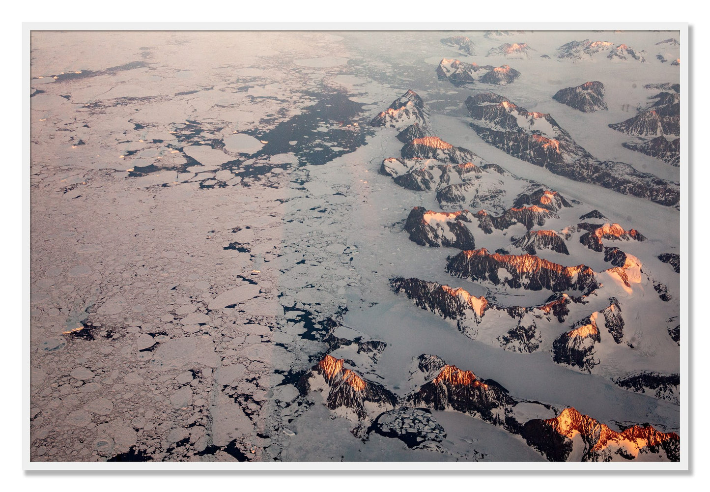 Framed photograph of Greenland Peaks by Dylan Ozanich, White frame, Full Bleed